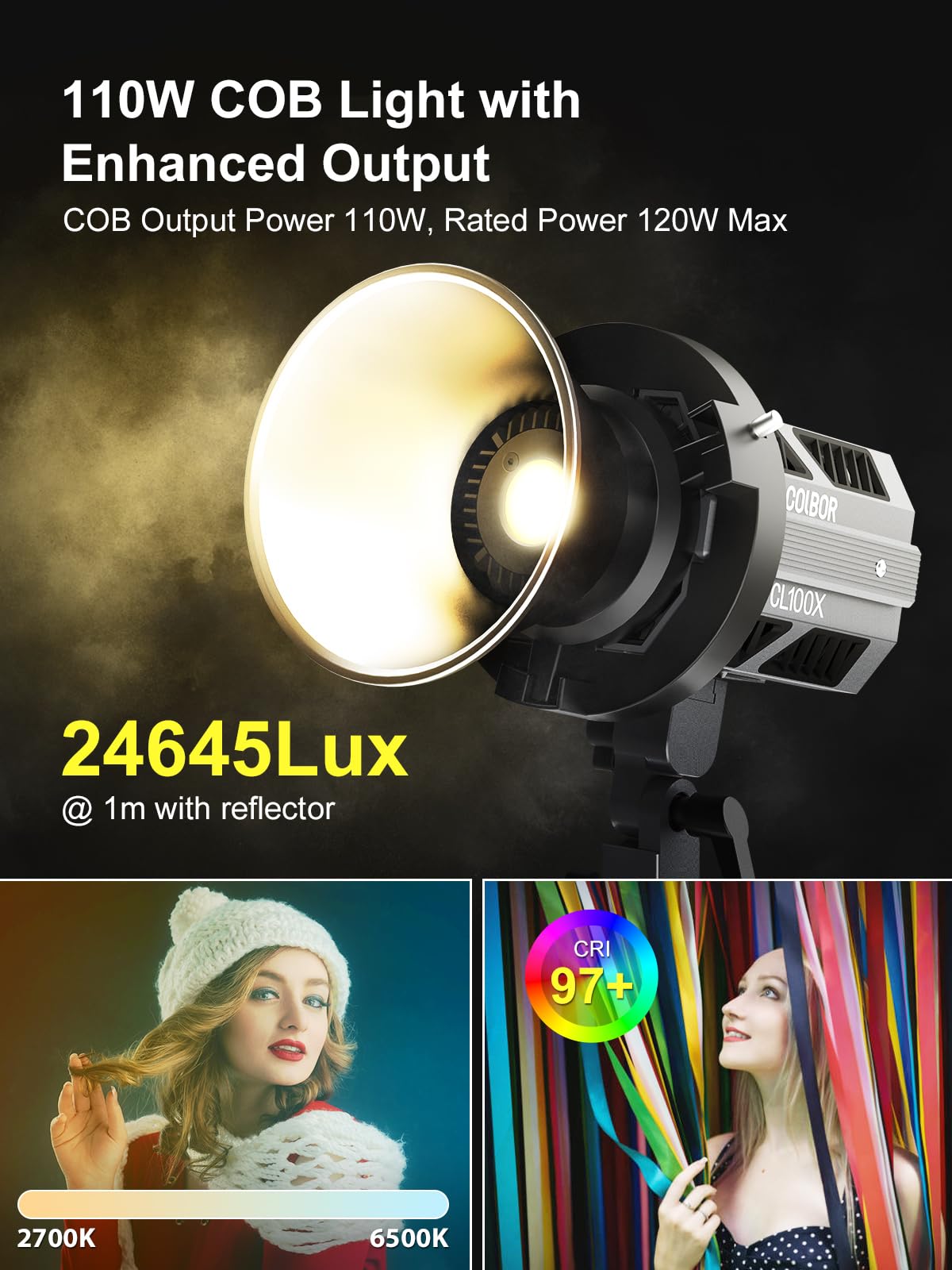 Video Light, Colbor CL100X 110W Bi-Colour Video Light 2700K-6500K CRI97+ COB Continuous Aluminium with Bowens Mount APP Control 10 Light Effect for Photography, Daylight LED Video Light Photo Studio