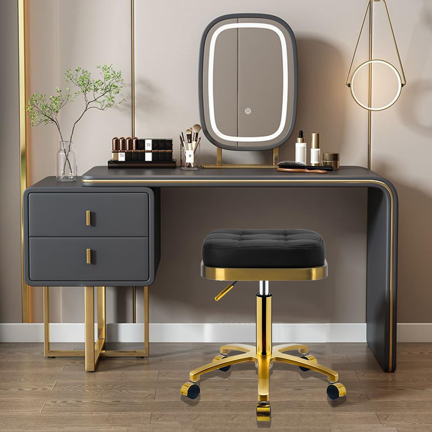 CQAEBK Square Rolling Stool Gold Adjustable Swivel Stools with Wheels, Vanity Lash Nail Salon Spa Roller Chair, Esthetician Massage Office Pedicure Stool, Heavy Duty Gold Plated Frame (Black)