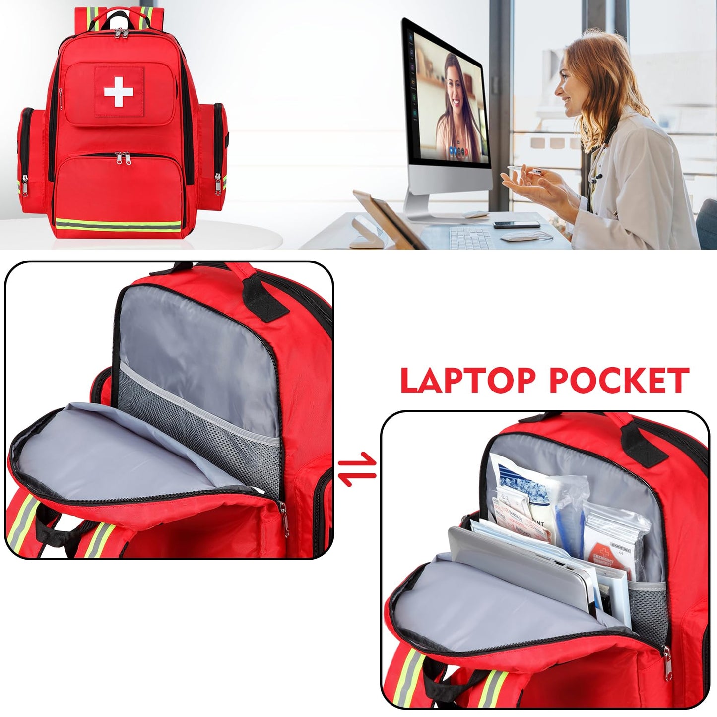 Gatycallaty First Aid Backpack Medical Emt First Responder Bag Empty Ems Emergency Home Health Hiking Trauma Travel Camping, Red, Large, First Aid Backpack With Shoulder Medical Bag