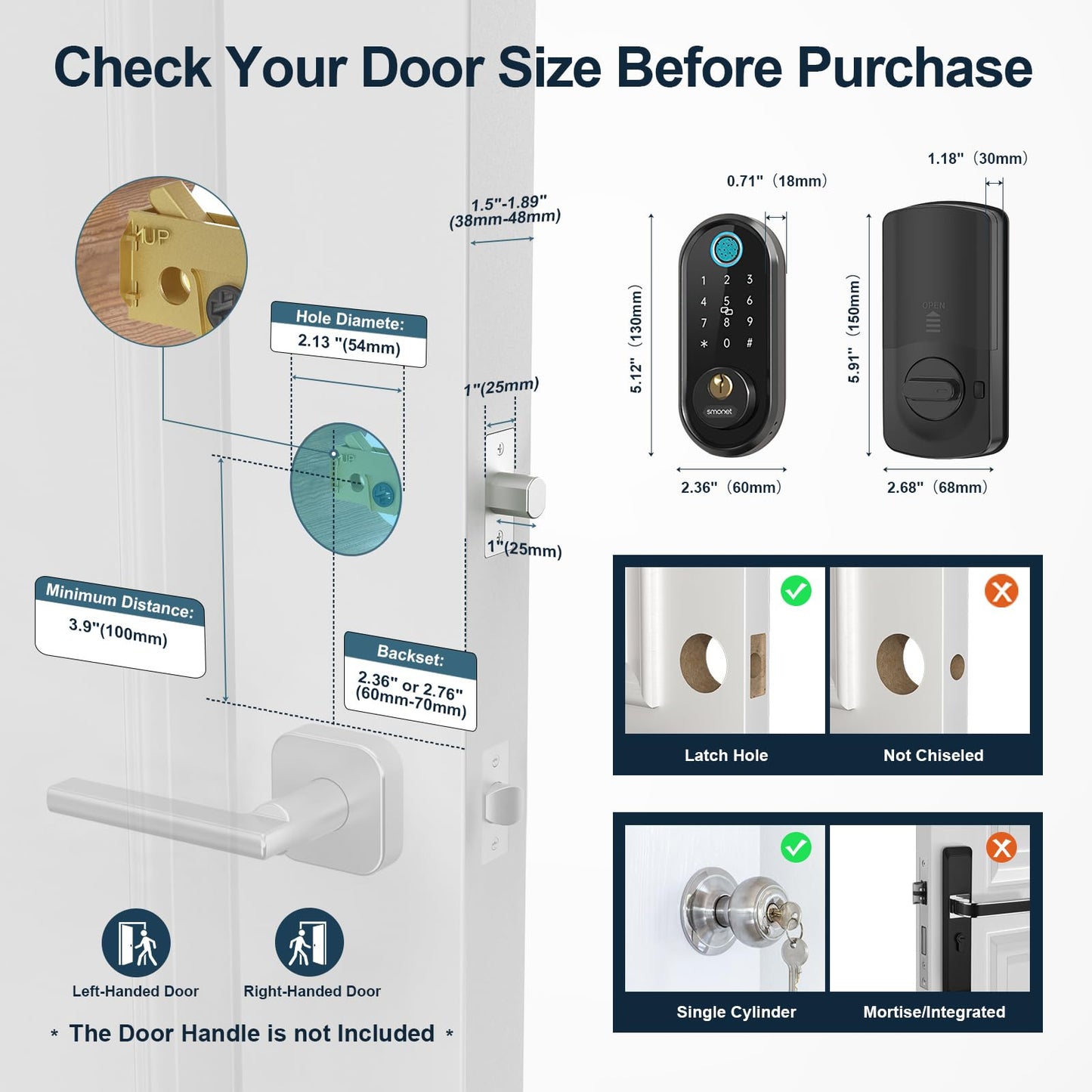 SMONET Smart Front Door Lock: Keyless Entry Door Lock for Front Door, Electronic Bluetooth Deadbolt with Biometric Fingerprint, Keys, Fobs, Auto Lock, Smart Phone Control for Home,Apartment