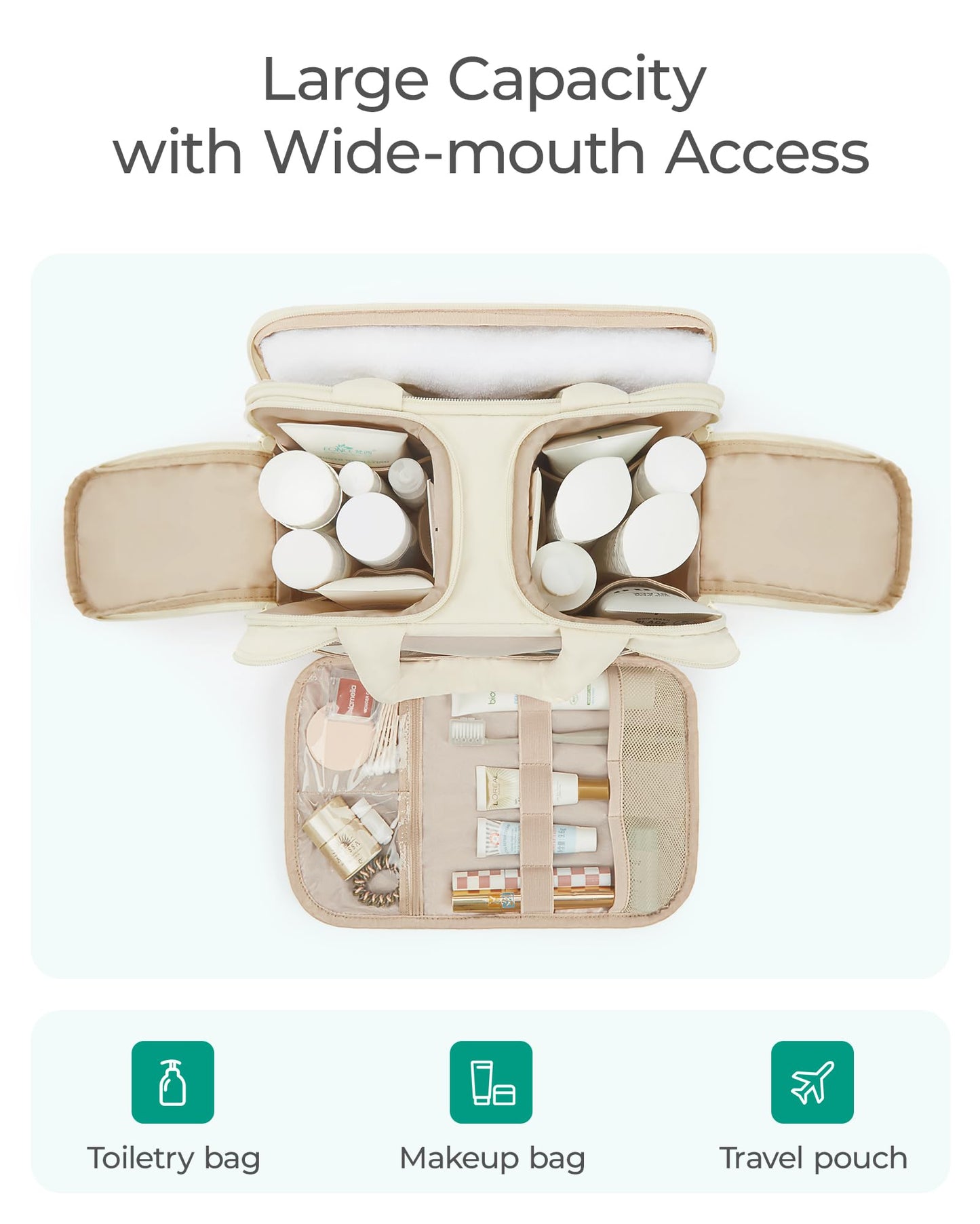 BAGSMART Travel Toiletry Bag, Puffy Large Toiletry Bag for Women, Lightweight Cosmetic Makeup Bag Organizer with Handle for Traveling, Accessories, Essentials, Toiletries, B-Black, Large, Lightweight