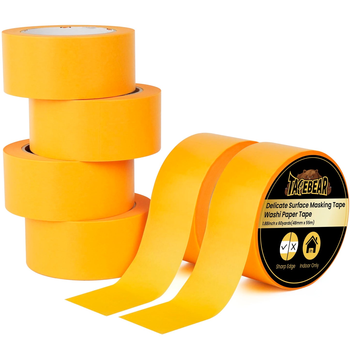 TAPEBEAR Delicate Surface Advanced Masking Tape 1.88" x 55m, Orange Washi Tape Indoor Painters Tape Decorating with No Paint Bleed, Sharp Lines, Surface Damage-Free, Low Tack, 6Rolls