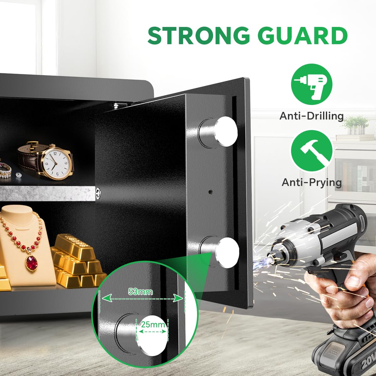 1.2 Cub Safe Box with Digital Keypad & Alarm System - Electronic Lock Box for Jewelry Cash with Adjustable Shelves - Includes LED Light & Fireproof and Waterproof Bag