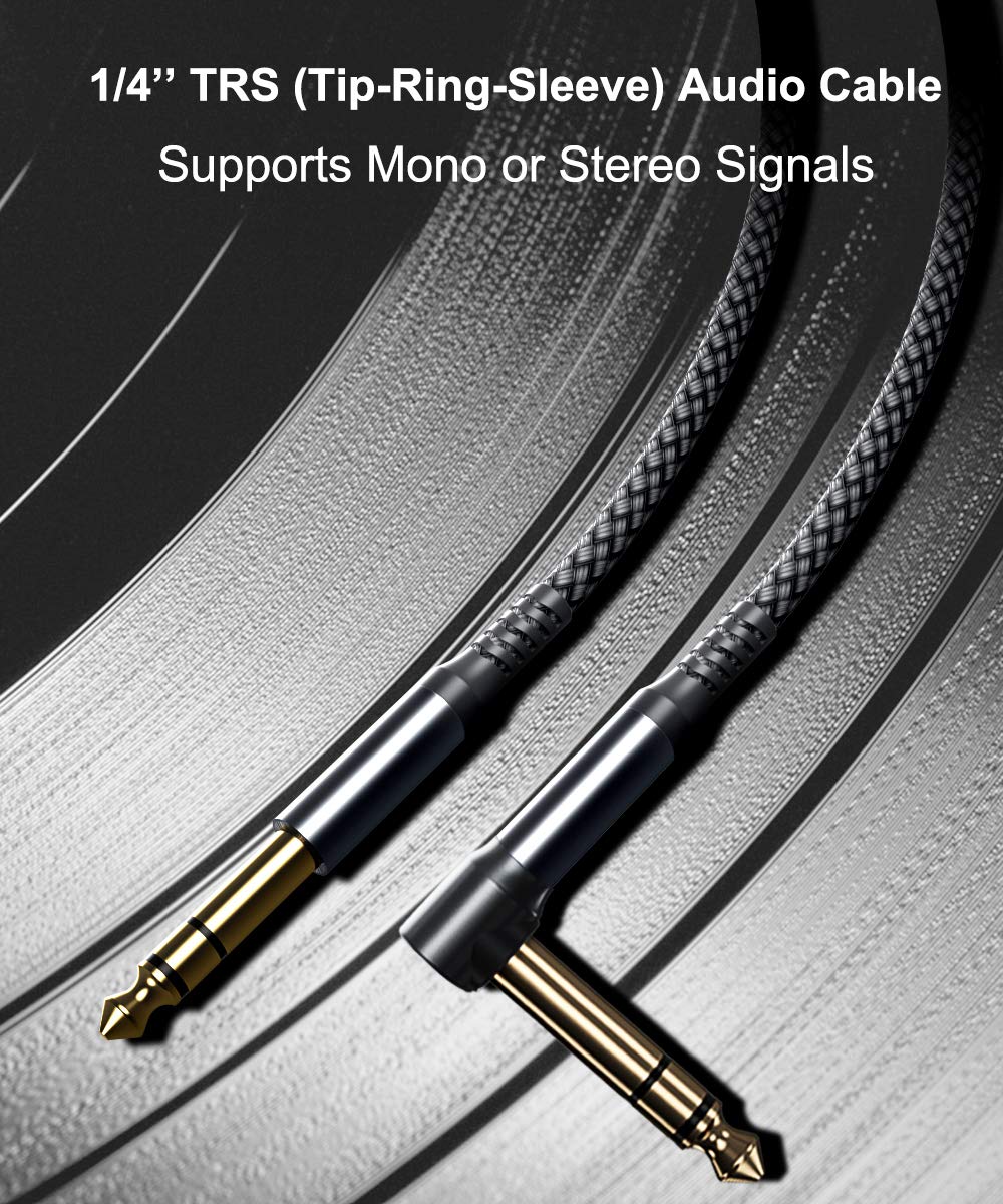 RUXELY 6.35mm TRS Instrument Cable 20FT 2-Pack,Right Angle 90 Degree 1/4 Inch Male Jack Stereo Audio Cord,6.35 Balanced Line Lead for Electric Guitar,Bass,Keyboard,Mixer,Amplifier/AMP,Speaker,Equalizer