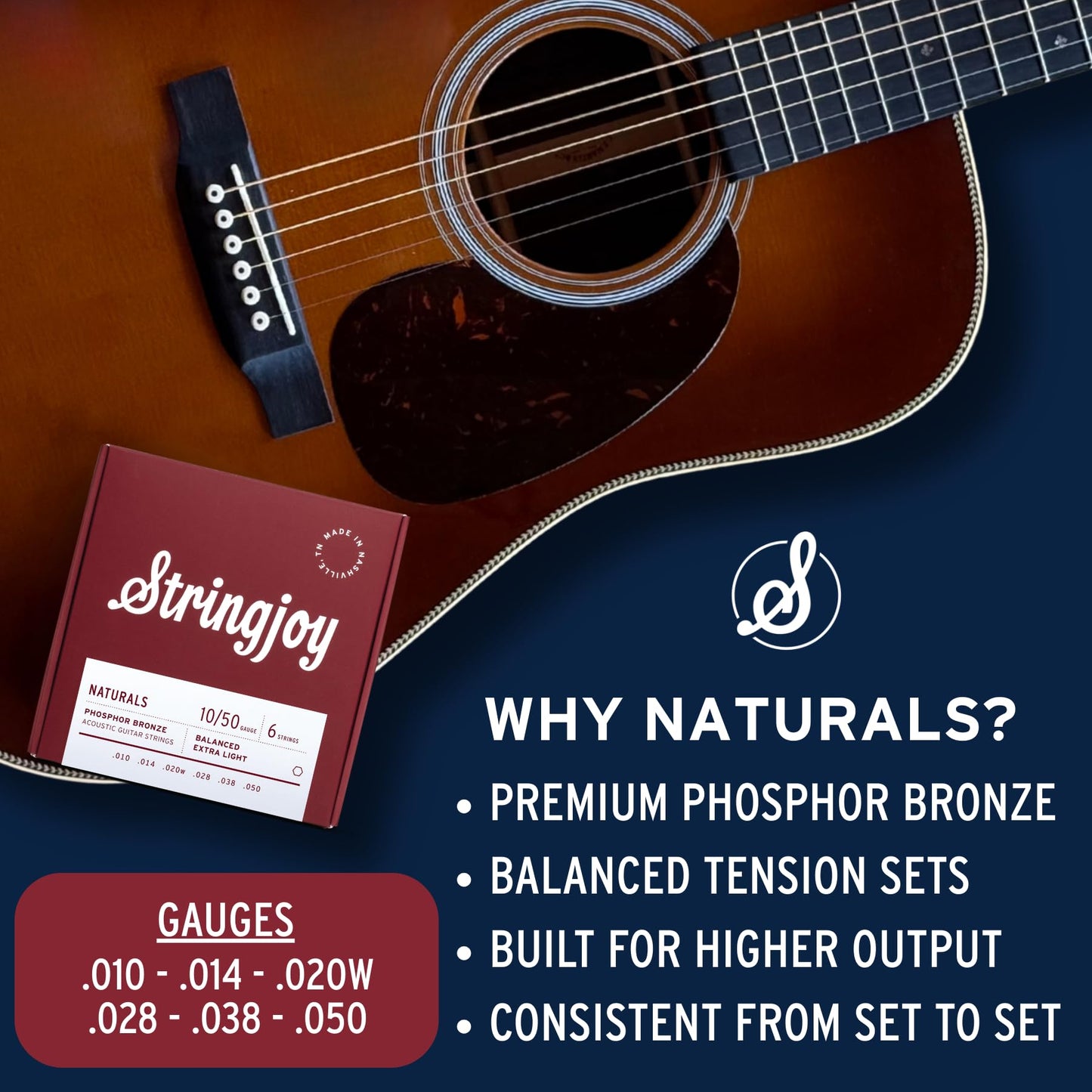 Stringjoy Balanced Extra Light Gauge Naturals Phosphor Bronze Acoustic Guitar Strings 10-50, NB1050, Long-Lasting Clear & Shimmering Tone, 6 String Set, 2-Pack