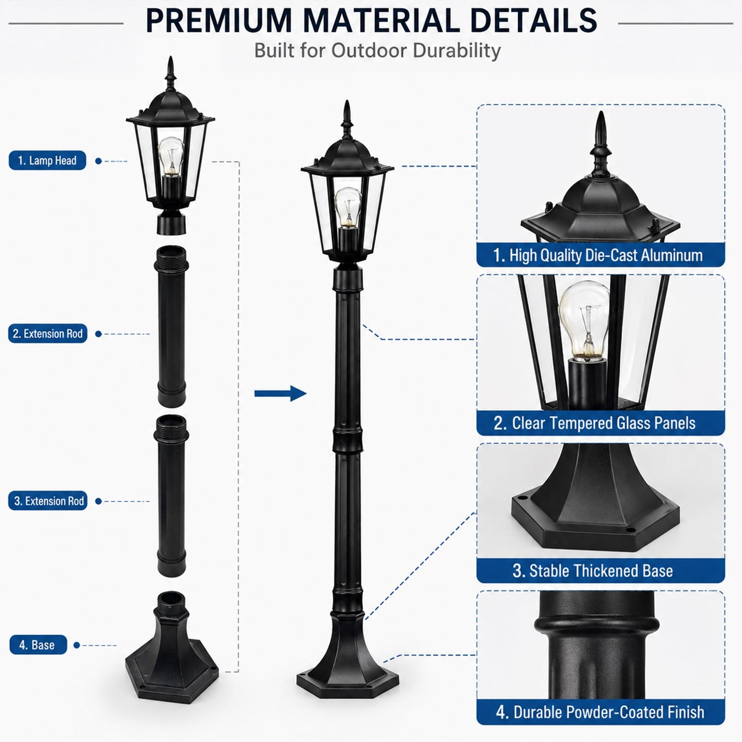 42" Outdoor Post Light Fixture, Hardwired Black Surface Mount Lamp Post Light with Clear Glass, Adjustable Height Aluminum Outdoor Pole Light, E26 Post Lantern for Yard, Garden, Driveway, Patio