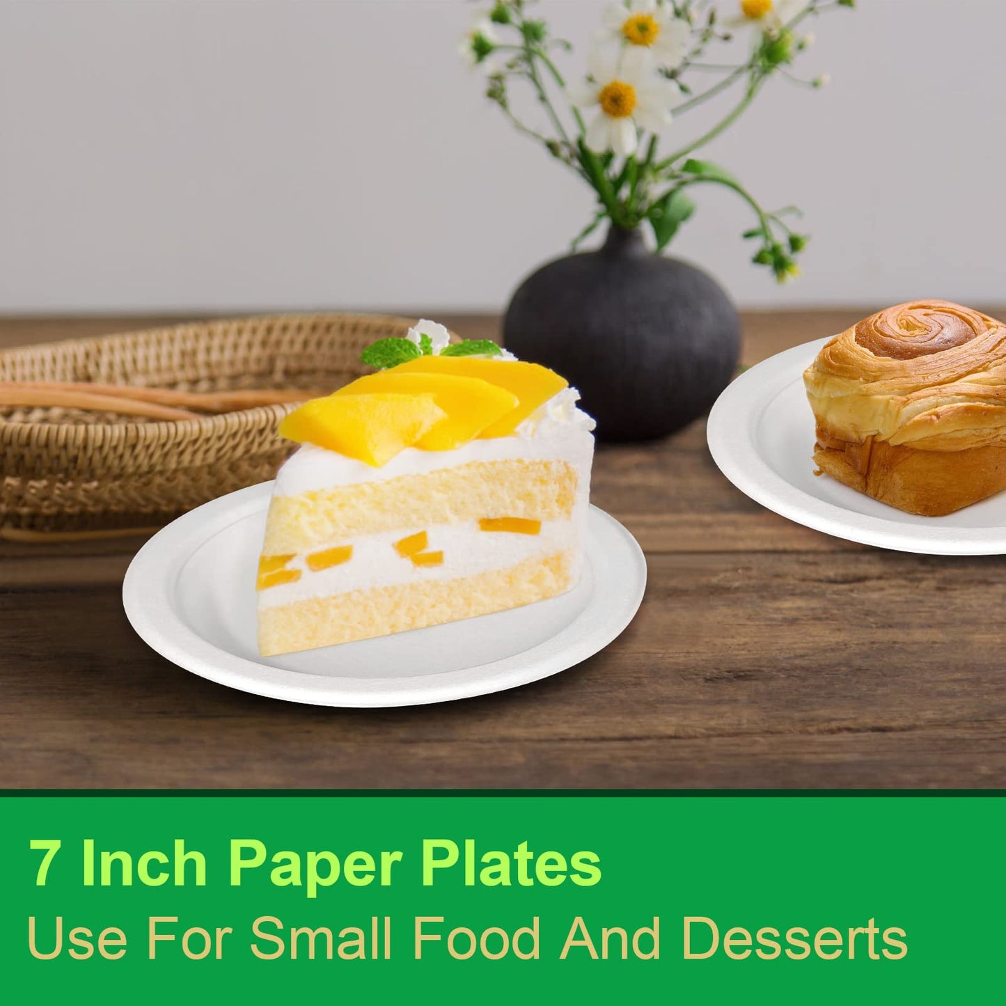 GREENESAGE 100% Compostable Plates 7 inch, 300 Pack Paper Plates Bulk, Small Paper Plates Eco Friendly Disposable Plates, White Paper Plates for Dessert, Cake, and Snack
