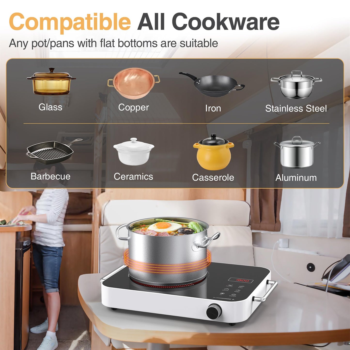 GIHETKUT Electric Cooktop Single Burner, 1800W 110V Electric Stove Top with Knob Control, Portable Induction Cooktop with 2 Handle, Hot plate with Double Ring Heating, 4 hours Timer