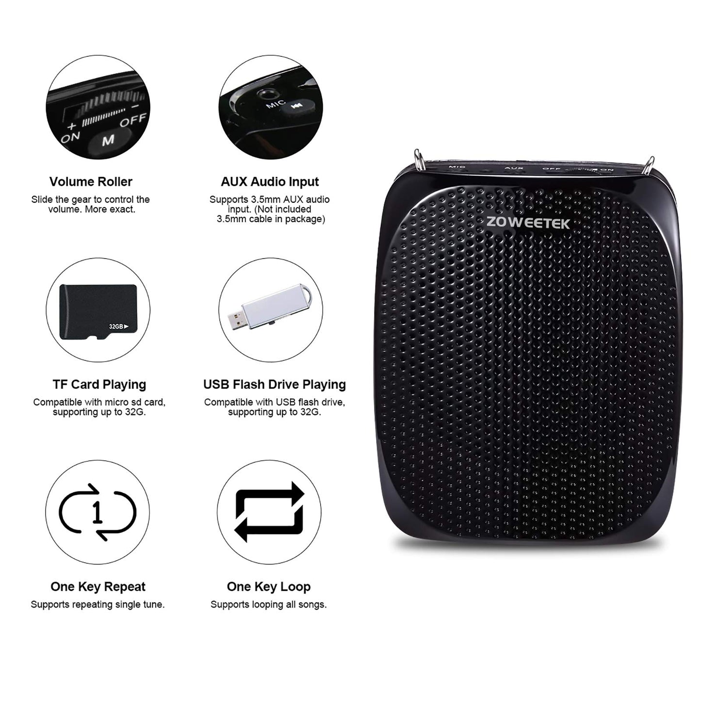 ZOWEETEK Portable Rechargeable Mini Voice Amplifier with Wired Microphone Headset and Waistband, Supports MP3 Format Audio for Teachers, Singing, Coaches, Training, Presentation, Tour Guide