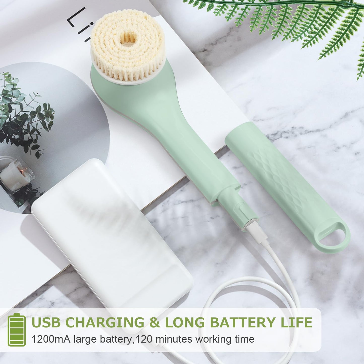 LINGSFIRE Electric Body Brush Bath Brush Rechargeable Back Scrubber for Shower Exfoliating Bath Brush Long Handle for Shower Lotion Applicator for Back Silicone Body Scrubber With 6 Shower Brush Heads
