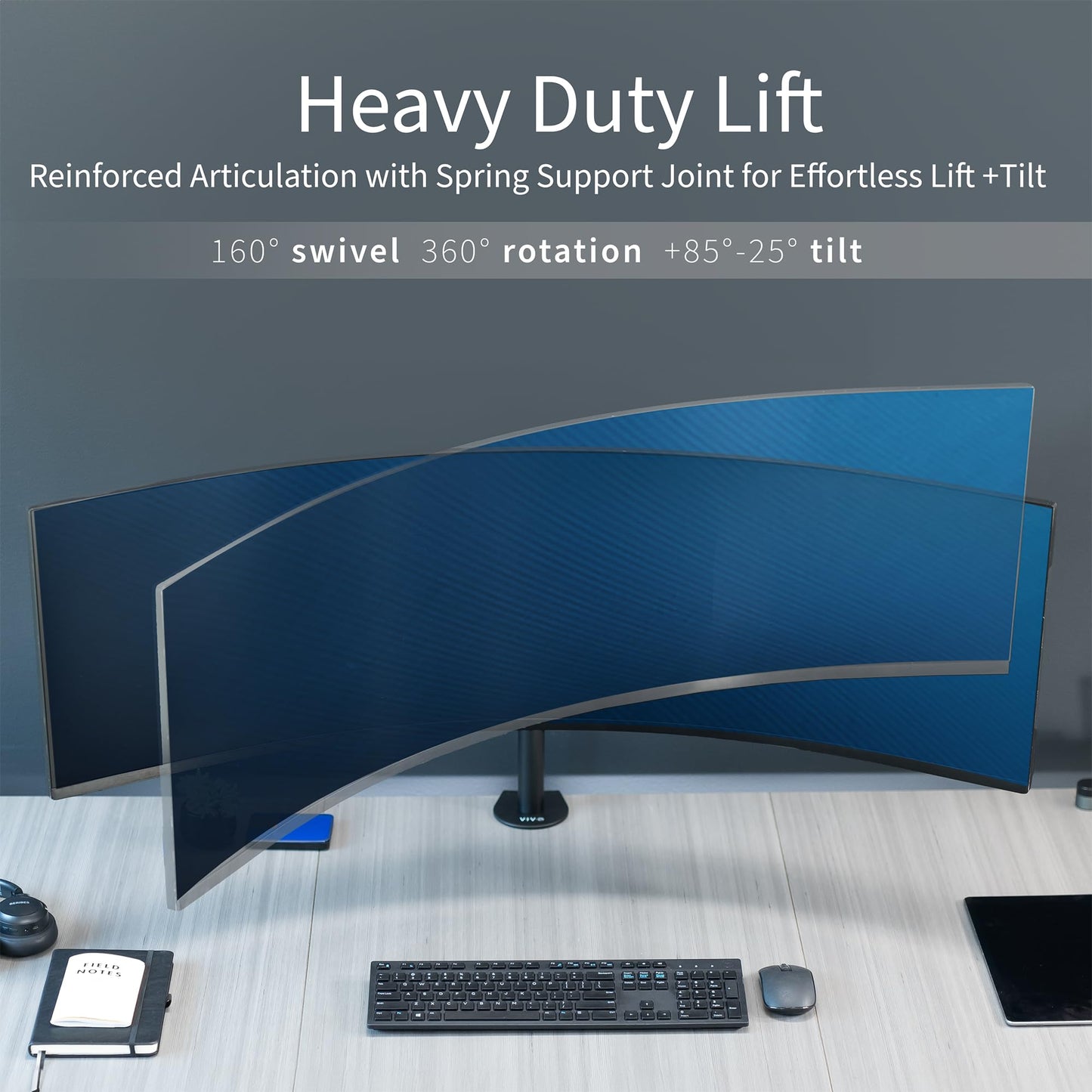 VIVO Clamp-on Single Ultra Wide Monitor Desk Mount, Low Profile Heavy Duty Adjustable Stand for 1 Ultrawide Screen up to 49 inches, 20kg Capacity, Black, STAND-V100C