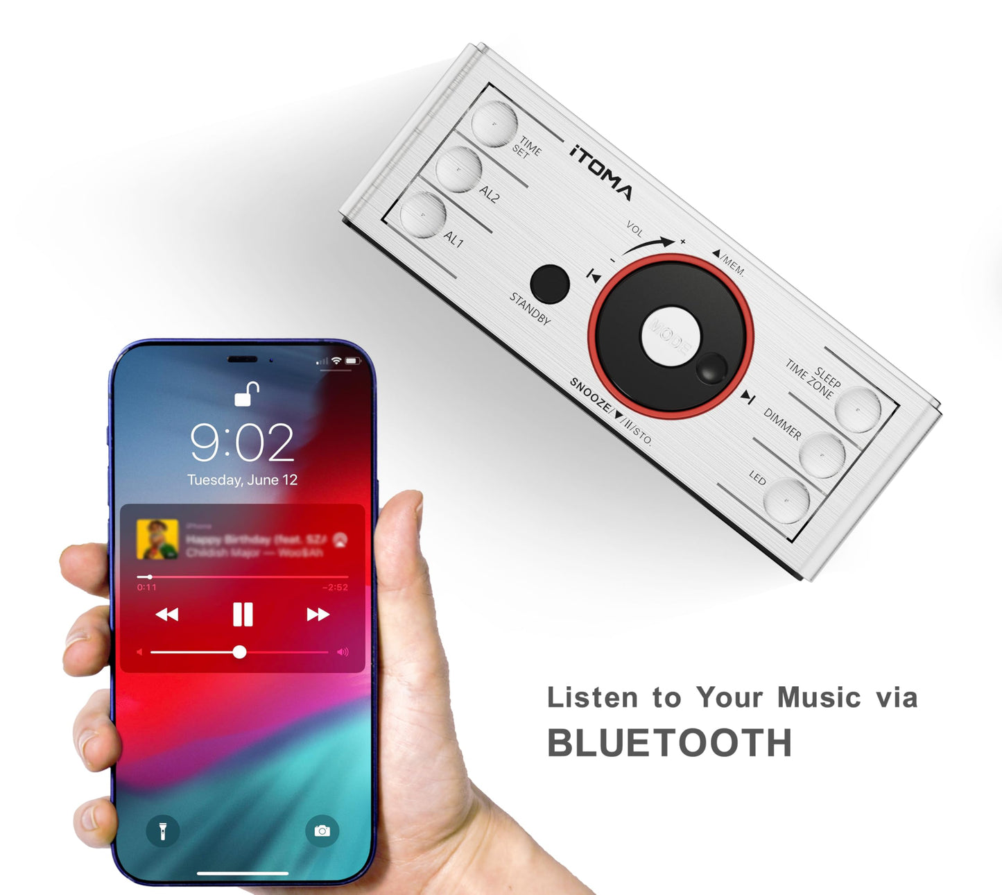 Alarm Clock Radio with Bluetooth Speaker, Digital FM Radio, Dual Alarm with Snooze, Large LED Display, Dimmer Control, USB Charging Output iTOMA CKS708