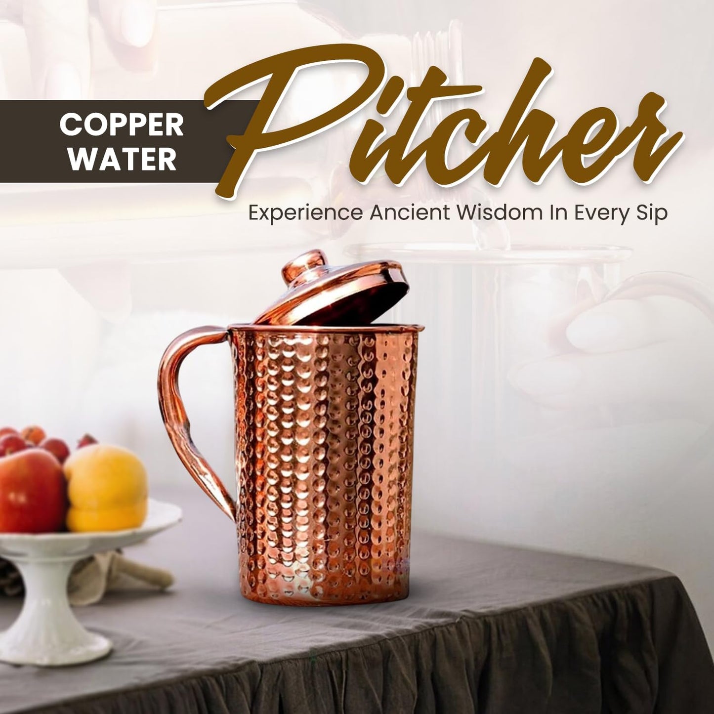 2activelife 100% Pure Copper Pitcher 50.72 Oz / 1500 ml | Drinking Water Traditional Hammered Pitcher with Lid | Copper Jug Handle Water Bottle | Ayurveda Health Benefits | Serving Water in Daily Use