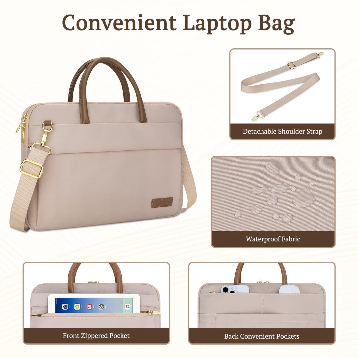 RAINYEAR 14 Inch Laptop Bag for Women, Protective Waterproof Large Capacity Computer Shoulder Bag Carrying Case with Handle for 13-14 Inch MacBook Notebook Computer, Khaki