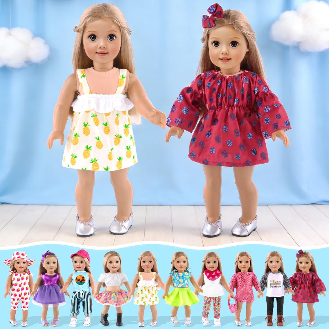 10-Sets Doll Clothes and Accessories for 18 inch Doll Include Dress Handbag Headband Hat and Rompers
