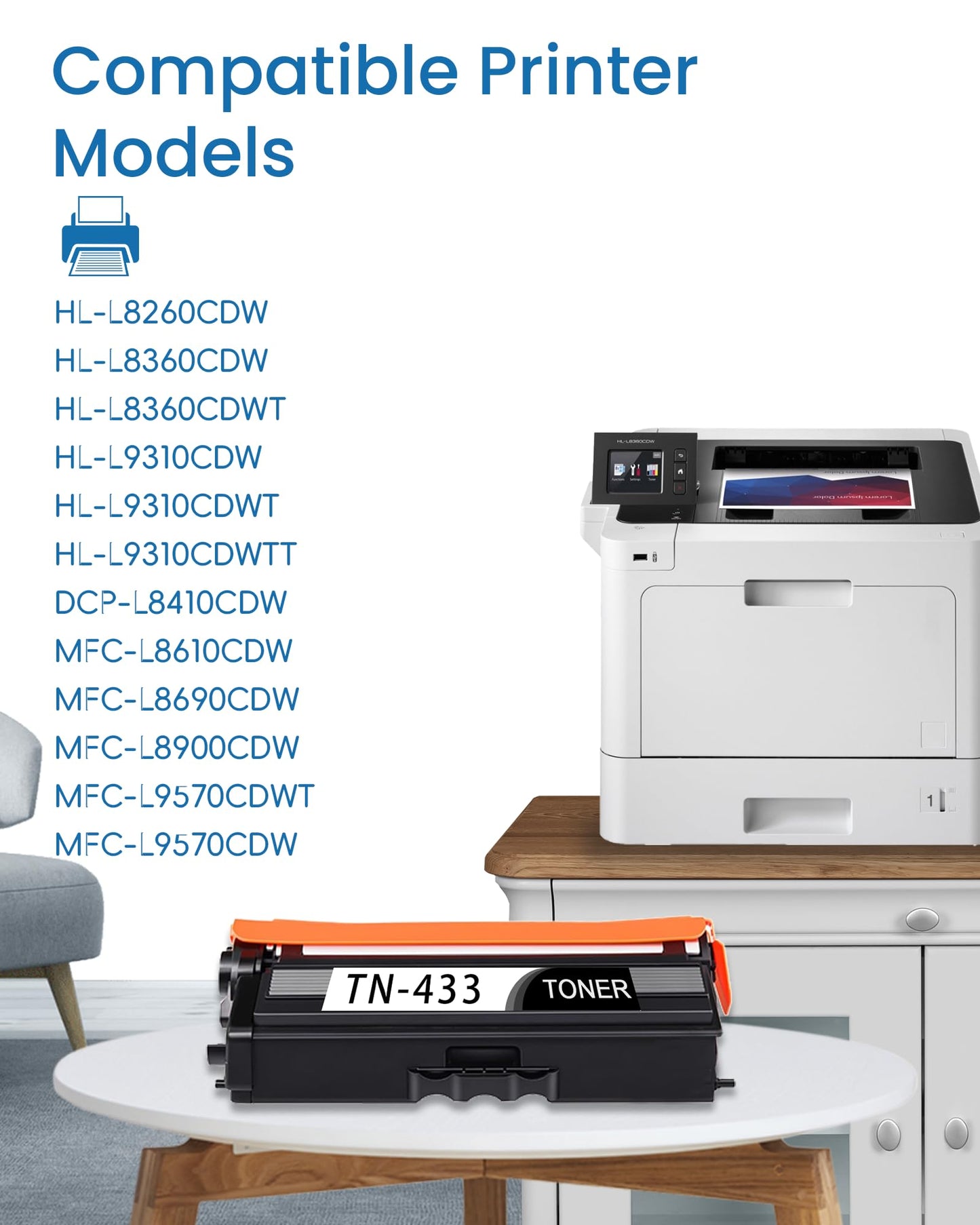 TN-433 TN433 Toner Cartridge High Yield Replacement for Brother TN433BK TN433C TN433Y TN433M HL-L8260CDW L8360CDW L9310CDW MFC-L8610CDW L8690CDW L8900CDW L9570CDW Printer Ink (BK/C/M/Y,4PK)