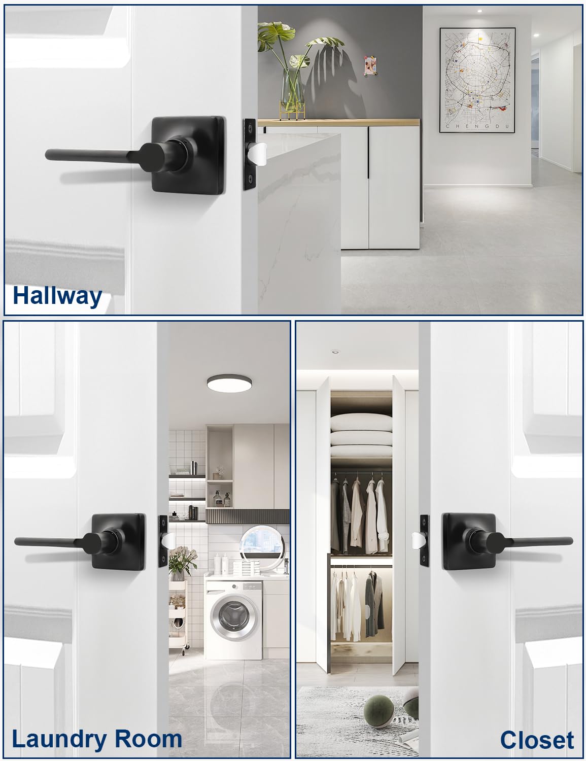 Mengico 6 Pack Modern Square Passage Door Handles Matte Black, Non-Locking Keyless Square Door Levers, Interior Door Handles for Closet and Hallway, Reversible for Left/Right Handed