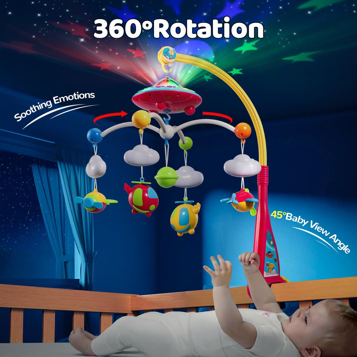 BOBXIN Baby Mobiles for Crib, Crib Mobile with Projector and 108 Melodies Music, Crib Toys with Remote Control and Hanging Rattles Rotating,Toy for Newborn and Baby Boy Girl