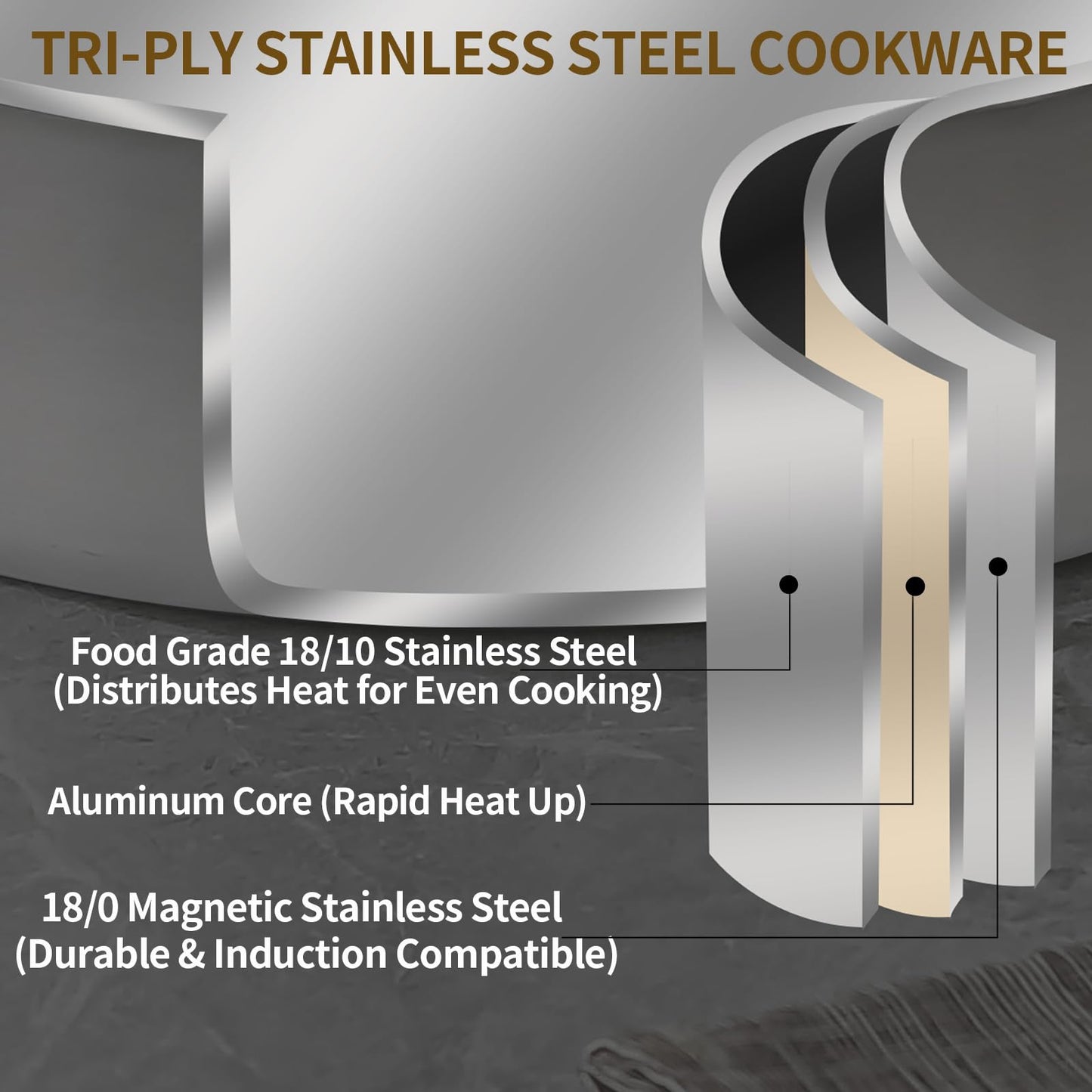 DELARLO Tri-Ply Stainless Steel 6 Quart Braiser Pan with Lid Induction Rondeau Pot with Lid 12inch Deep Frying Pan Large Saute Pan Heavy Duty Style Compatible with All Cooktops Up to 650℉