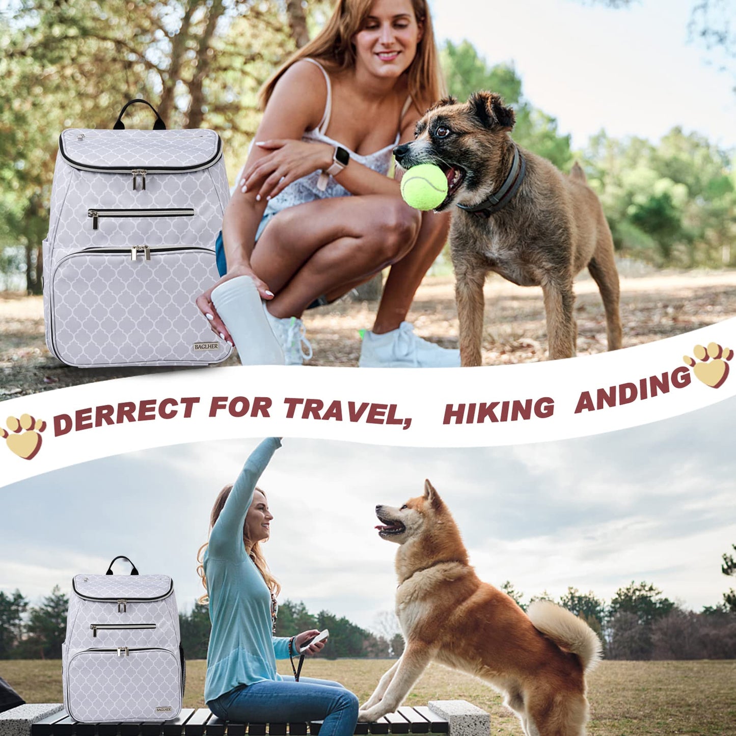 BAGLHER Dog Travel Bag Backpack, Airline Approved Pet Supplies Backpack, Dog Travel Backpack with 2 Silicone Collapsible Bowls and 2 Food Baskets DLWhite