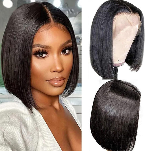 Bob Wig Human Hair 13x4 Lace Front Wigs for Black Women 10 Inch Straight Short Glueless Wigs Human Hair Pre Plucked Perruque Femme Humain Naturel 150% Density Black