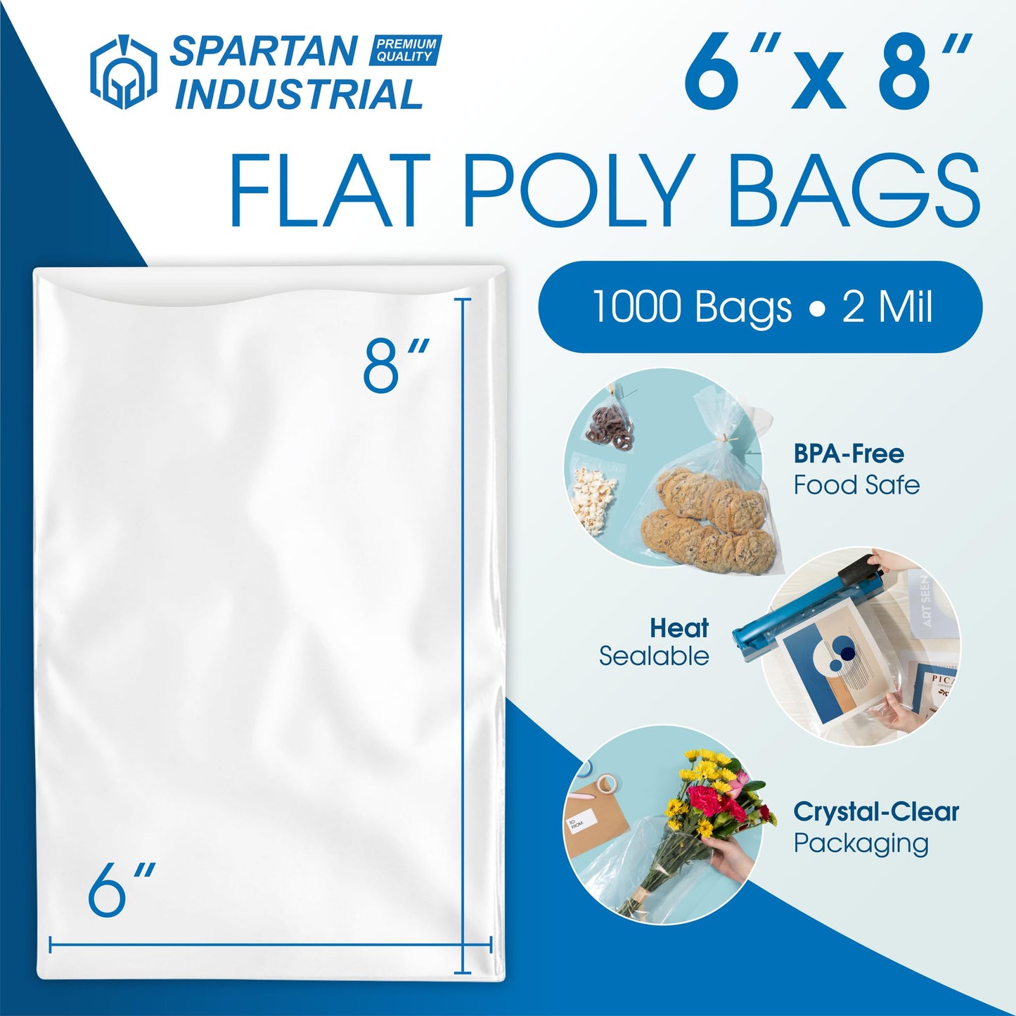 Spartan Industrial - 6" X 8" Open-End Flat Poly Bags (1000 Count) Heavy Duty 2 Mil Clear Plastic Bags for Packaging Books, Pens, Collectibles (Bags Do Not Have Seal and Do Not Have Prints)