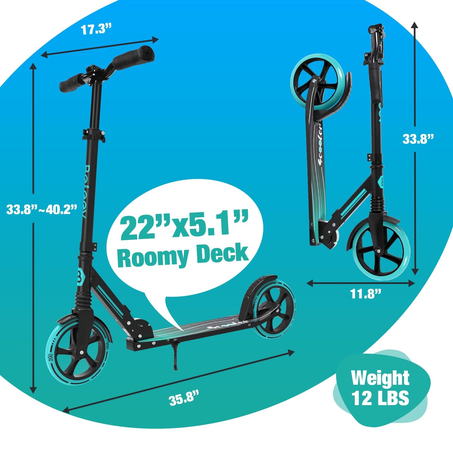 BELEEV V5 Scooters for Kids, Adults, Teens, Quick-Release Foldable System, Front Suspension System, 200mm Big Wheels Scooter with 4 Adjustable Height, Kick Scooter with Carry Strap, Teal