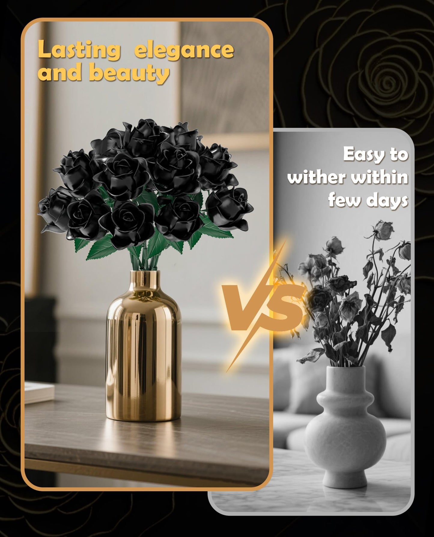 BeepZipp Black Roses Flower Bouquet Building Blocks Set, Artificial Flowers Blocks Kit Compatible with Lego Flowers, Halloween Decorations for Adults Teens (585PCS)