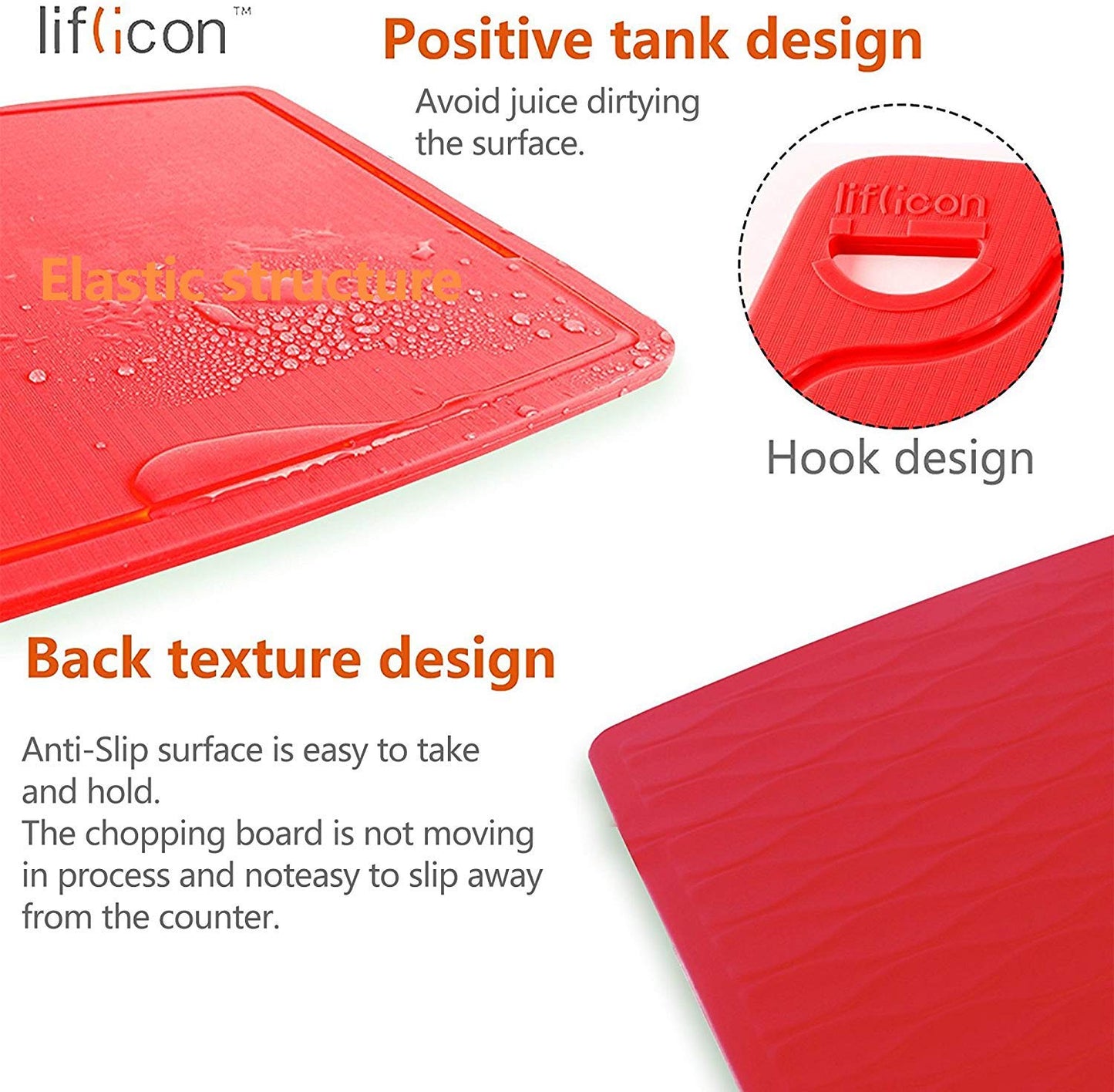 Liflicon Silicone Thick Cutting Boards Mats Set of 3pcs Foldable & Flexible Design Juice Grooves Easy Grip Handle Dishwasher Safe for Kitchen,BPA free Silicone Cutting Boards/Mats-Red