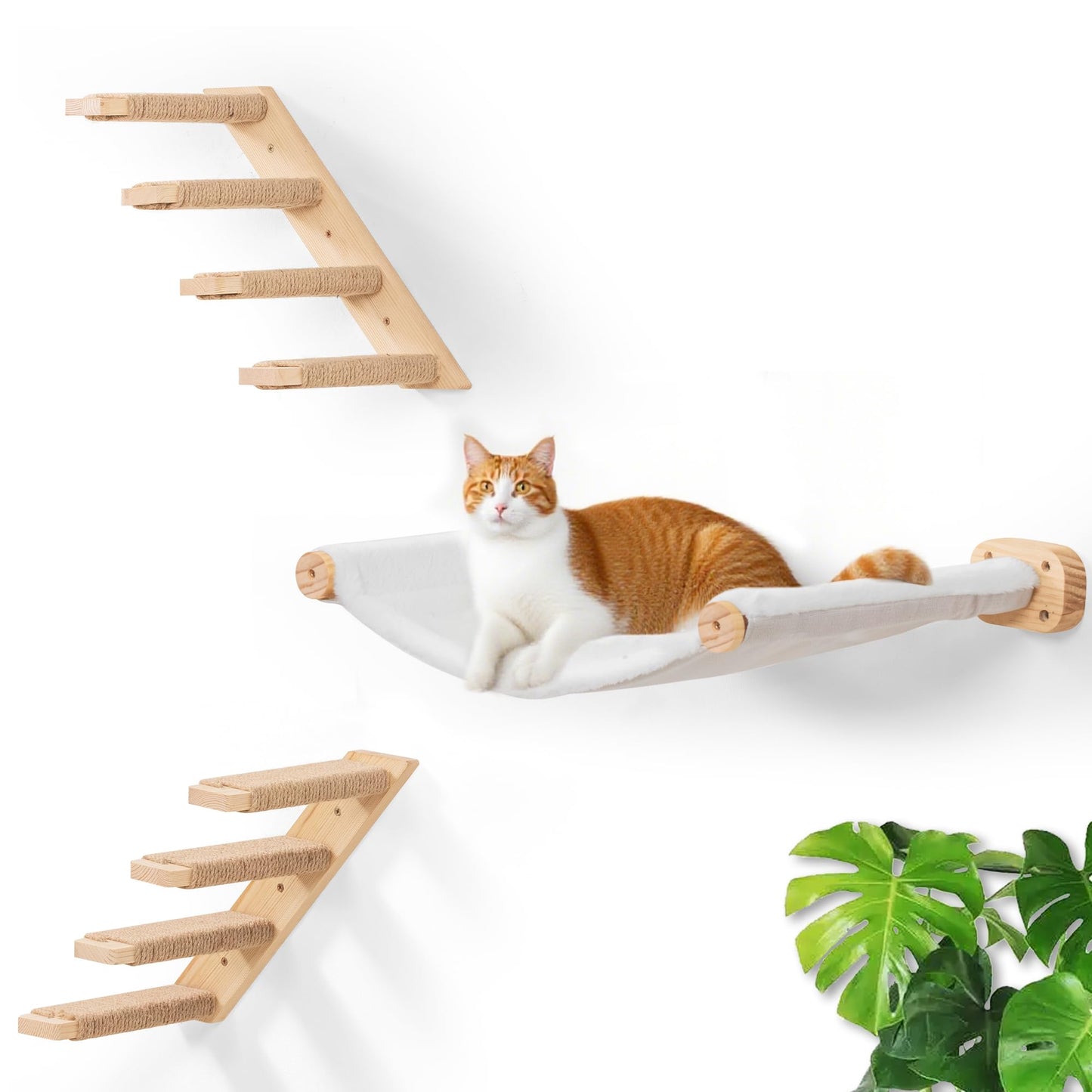 Cat Wall Hammock Set of 3, Wall Shelves with 1 Floating Fabric Hammock, 2 Cat Ladders with 4 Steps Each, Wall Mounted Bed Furniture & Climber for Large Cats