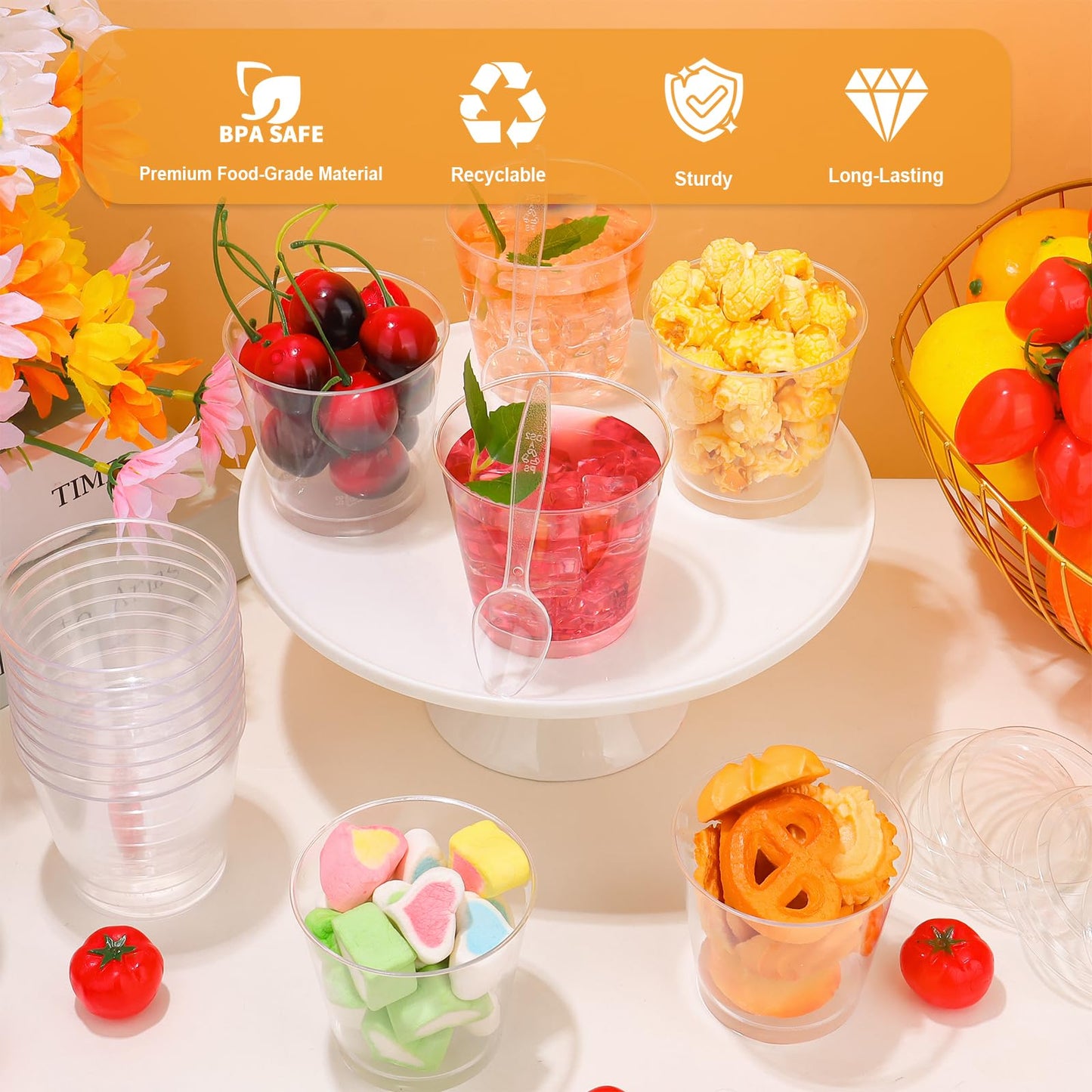 100 Pack Dessert Cups with Lids and Spoons, 7 OZ Mini Clear Plastic Dessert Parfait Cup for Party Small Round Serving Appetizer Cups Disposable Fruit Ice Cream Pudding Yogurt Jello Shot Cake Cup Bowls