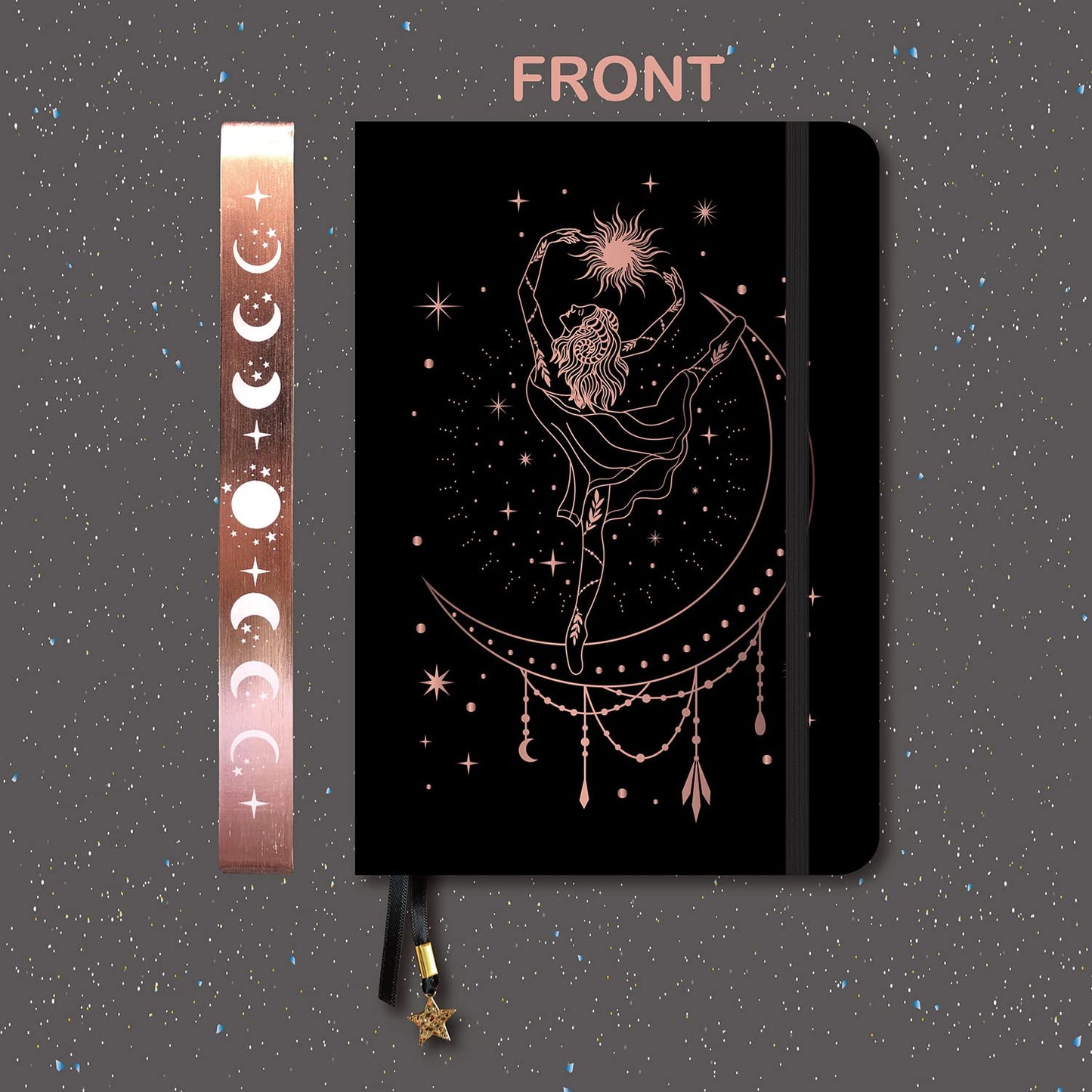 BUKE Bullet Dotted Journal - A5 Size Dot Grid Notebook - 180gsm Thick Bamboo Paper - 160 Dot-Grid Pages 5x5 MM - Vegan Faux PU Leather Hardcover - Rose Gold Edge And Moons (A5, BK-1)