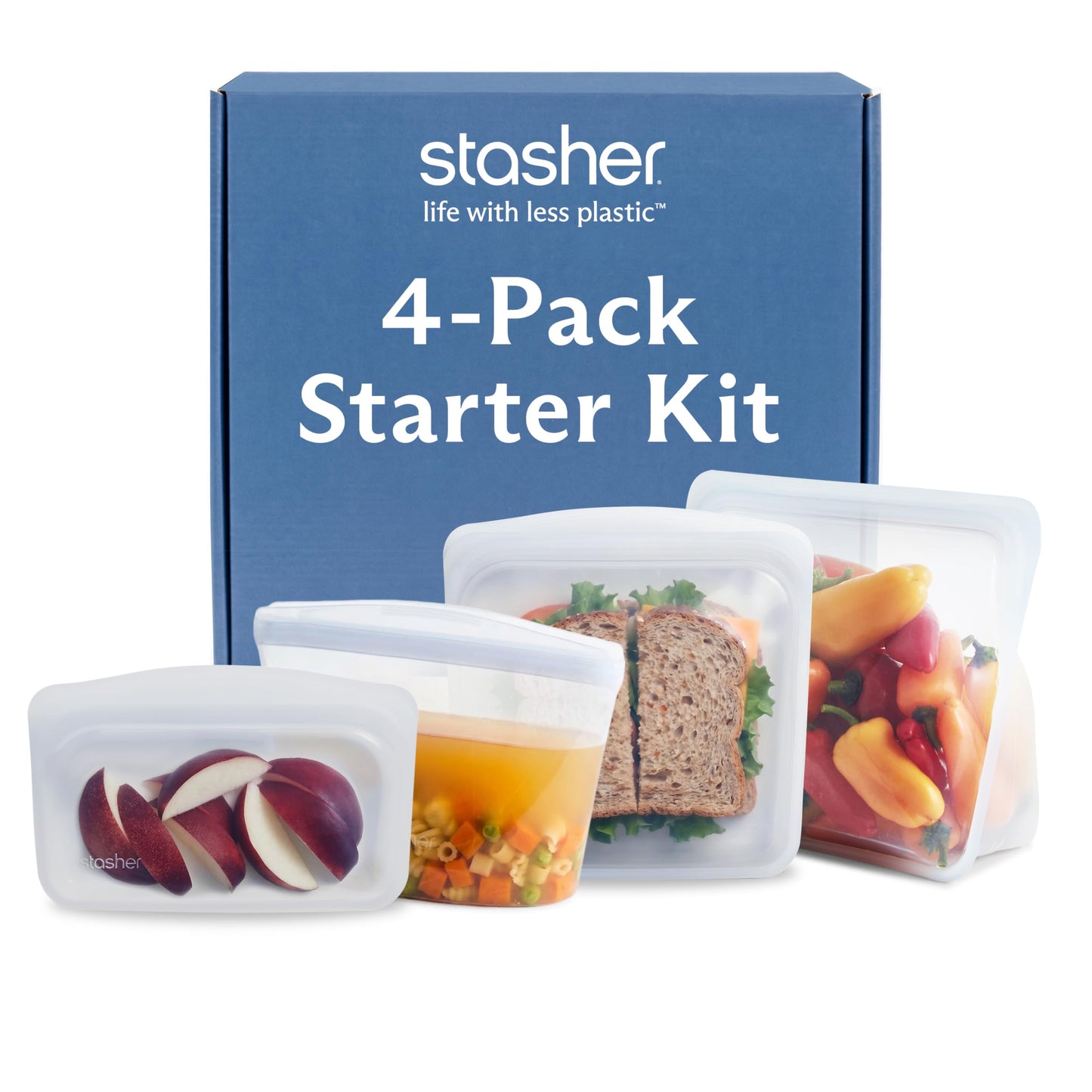 Stasher Premium Silicone Reusable Food Storage Bags 4-Pack Boxed Starter Kit, Clear, Microwave, Sous Vide, Dishwasher, Oven & Freezer Safe, Multi-Use Containers, BPA Free, Leak-Free, Eco-Friendly