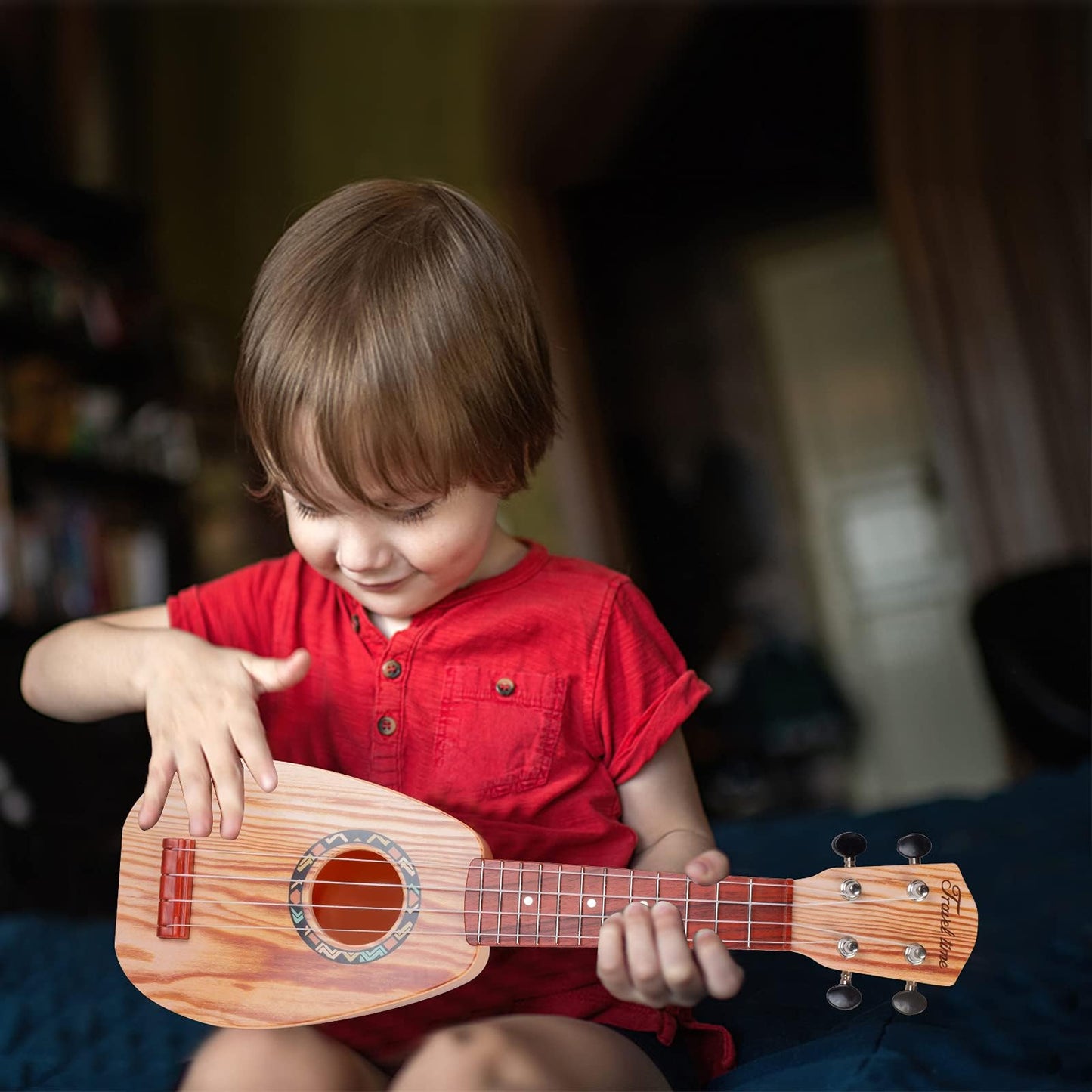 17 Inch Mini Guitar Ukulele Toy for Kids,Plastic Sear World Cartoon Children Educational Learn Guitar Ukulele with The Picks and Strap Can Play Musical Instruments Toys (Sprucewood)