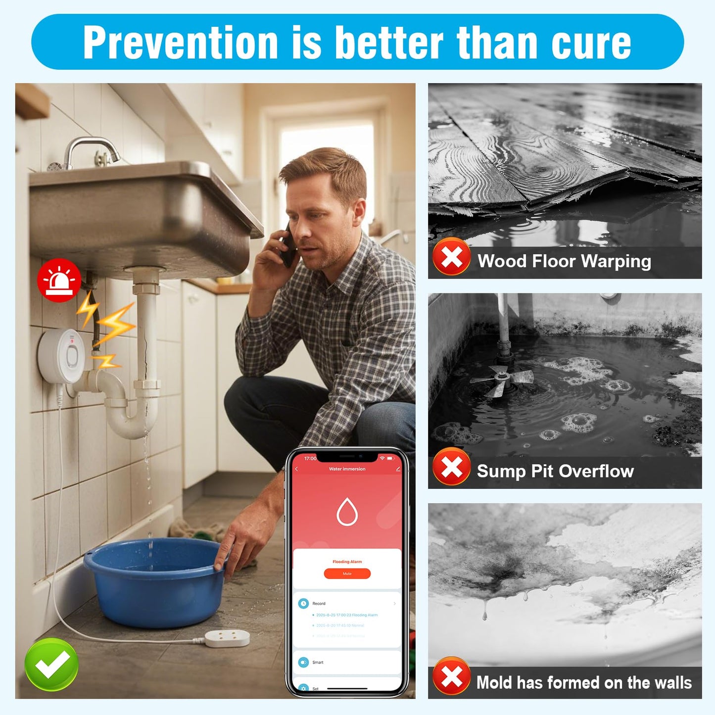 DAYTECH WiFi Water Sensors for Leaks 110dB Sump Pump Alarm with Phone Alerts and 6.5ft Detector Cable Smart Water Alarm for Basement/Laundry Room/Kitchen, 1-Pack(2.4G WiFi Only)