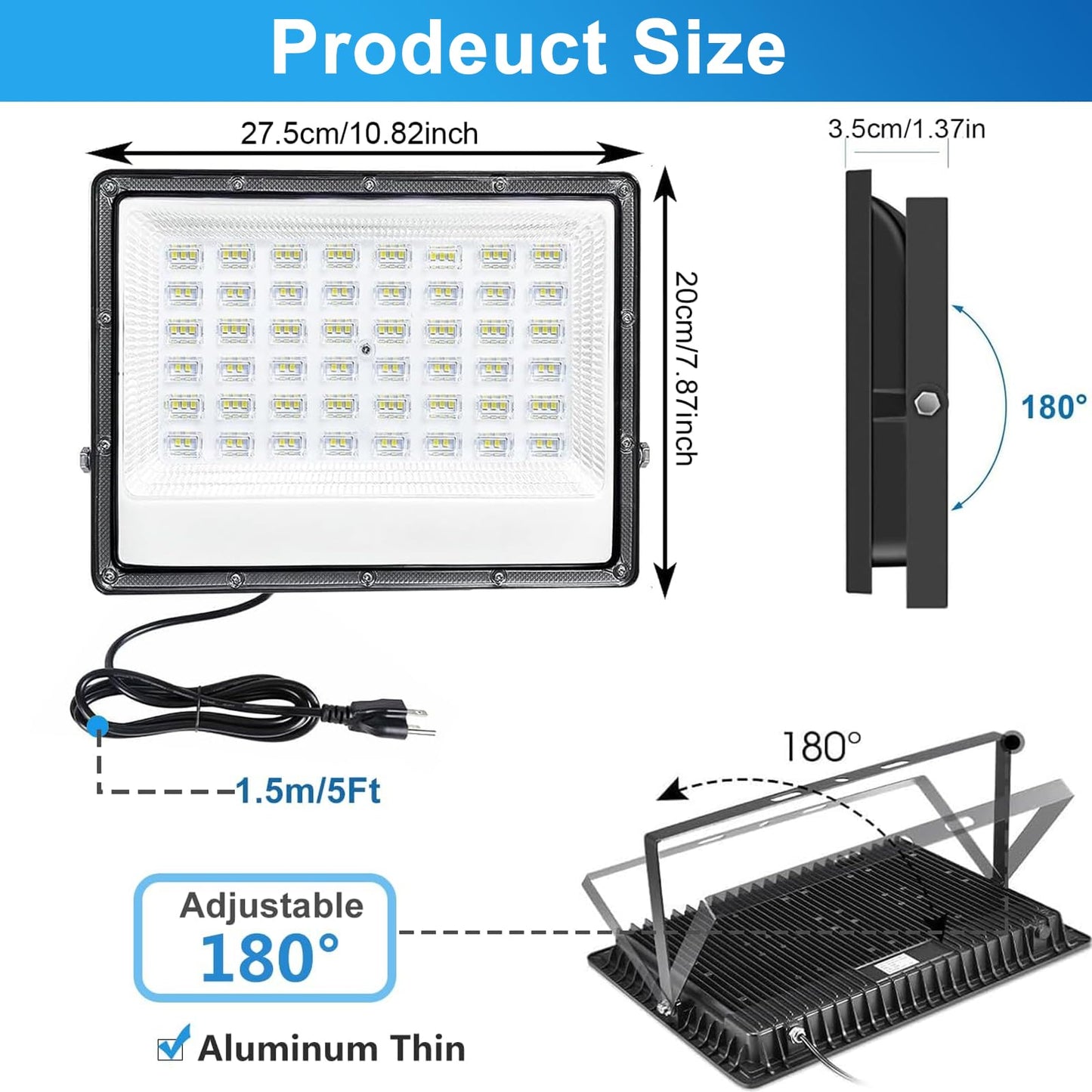 100W LED Flood Light Outdoor, 2 Pack 10000LM Super Bright LED Work Light with Plug, 6500K Daylight White Flood Lights Outdoor, IP66 Waterproof Exterior Floodlight for Garage, Yard, Lawn, Garden