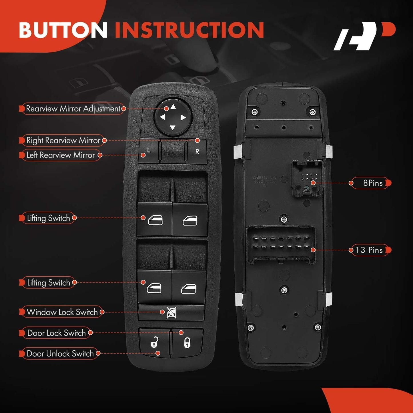 A-Premium Front Driver Side Master Power Window Switch W/O Auto Function Compatible with Chrysler 200 2015 2016 & Dodge Dart 2013 2014 2015 2016 & Jeep Cherokee 2014 2015 2016, Replace# 68271203AB