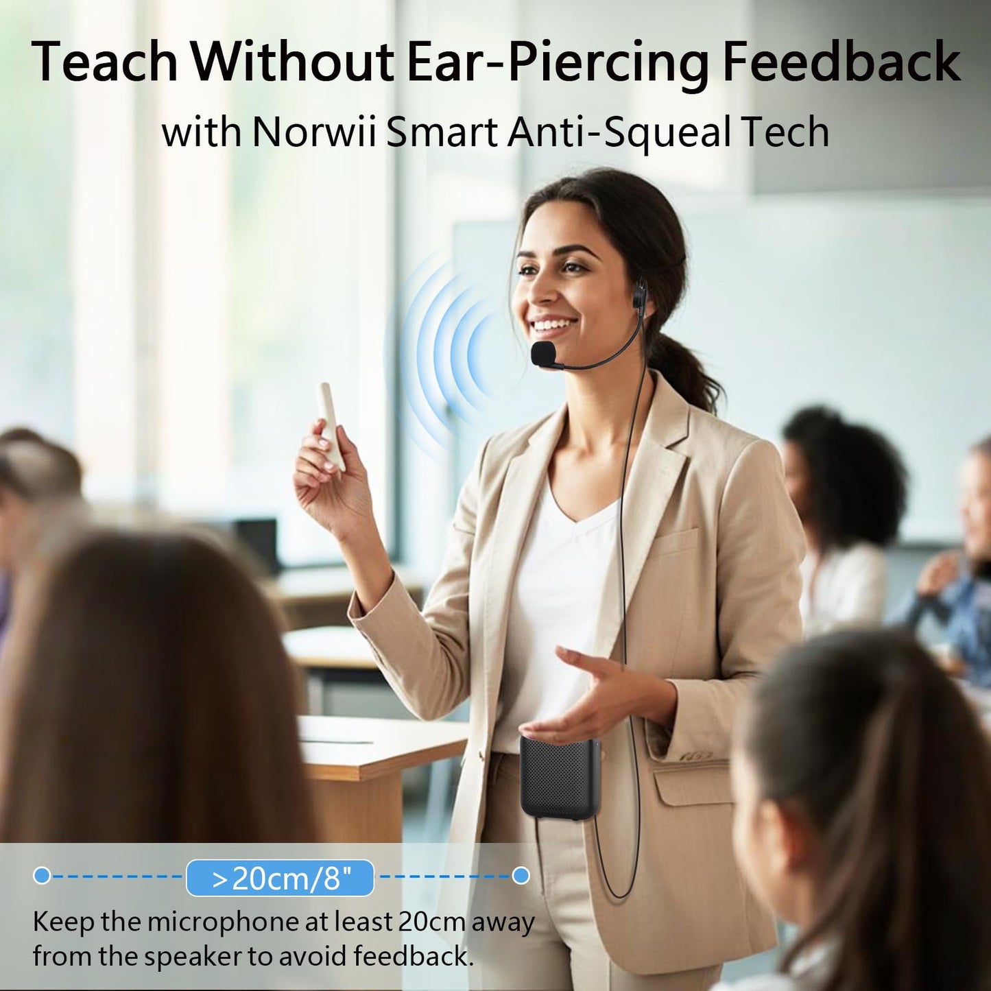 Norwii Voice Amplifier, Power Amplifiers, Portable Mini Wired Microphone Headset for Teacher Classroom & Outdoor Lectures, Teaching, Tour Guides, USB-C Rechargeable, Black 4000mAh