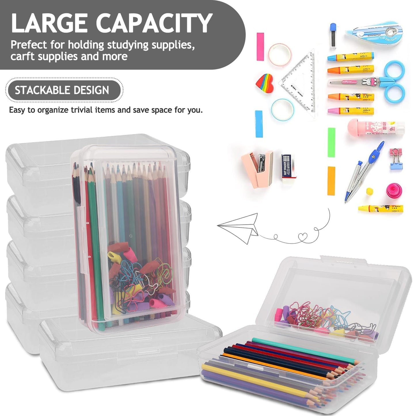 6 PCS Pencil Box,Large Capacity Double Layer Pencil Box,Hard Pencil Case with Snap-Tight Lid, Plastic Pencil Boxes for Office School Supplies,Storage Organizer Pen Boxes for Gel Pens-Transparent