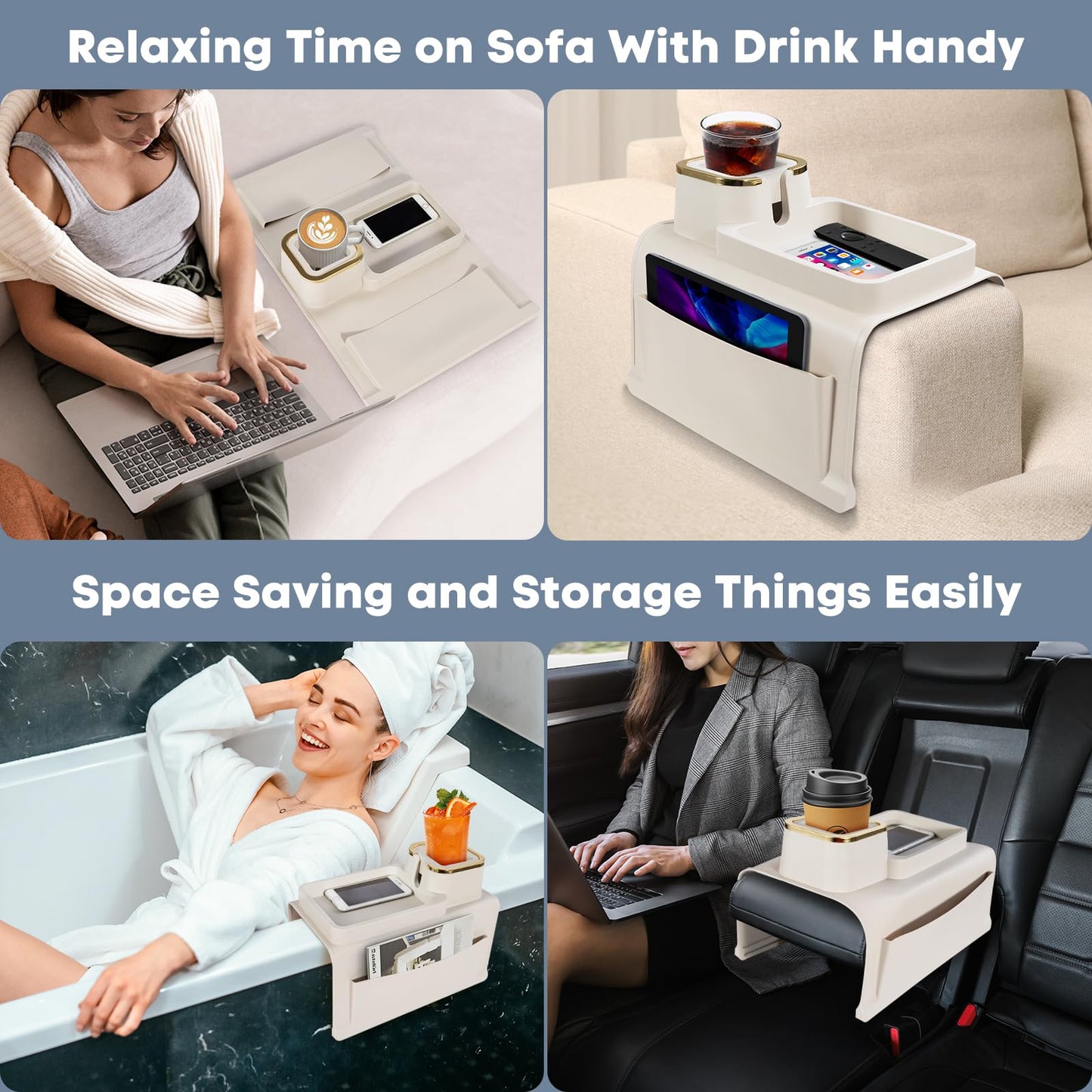 Sofa Cup Holder with Tray & Dual-Sided Caddy, Large Silicone Sofa Arm Tray, Premium Quality, Non-Slip & Spill-Resistant Holder, Multipurpose Cup Holder for Couch and Sofa