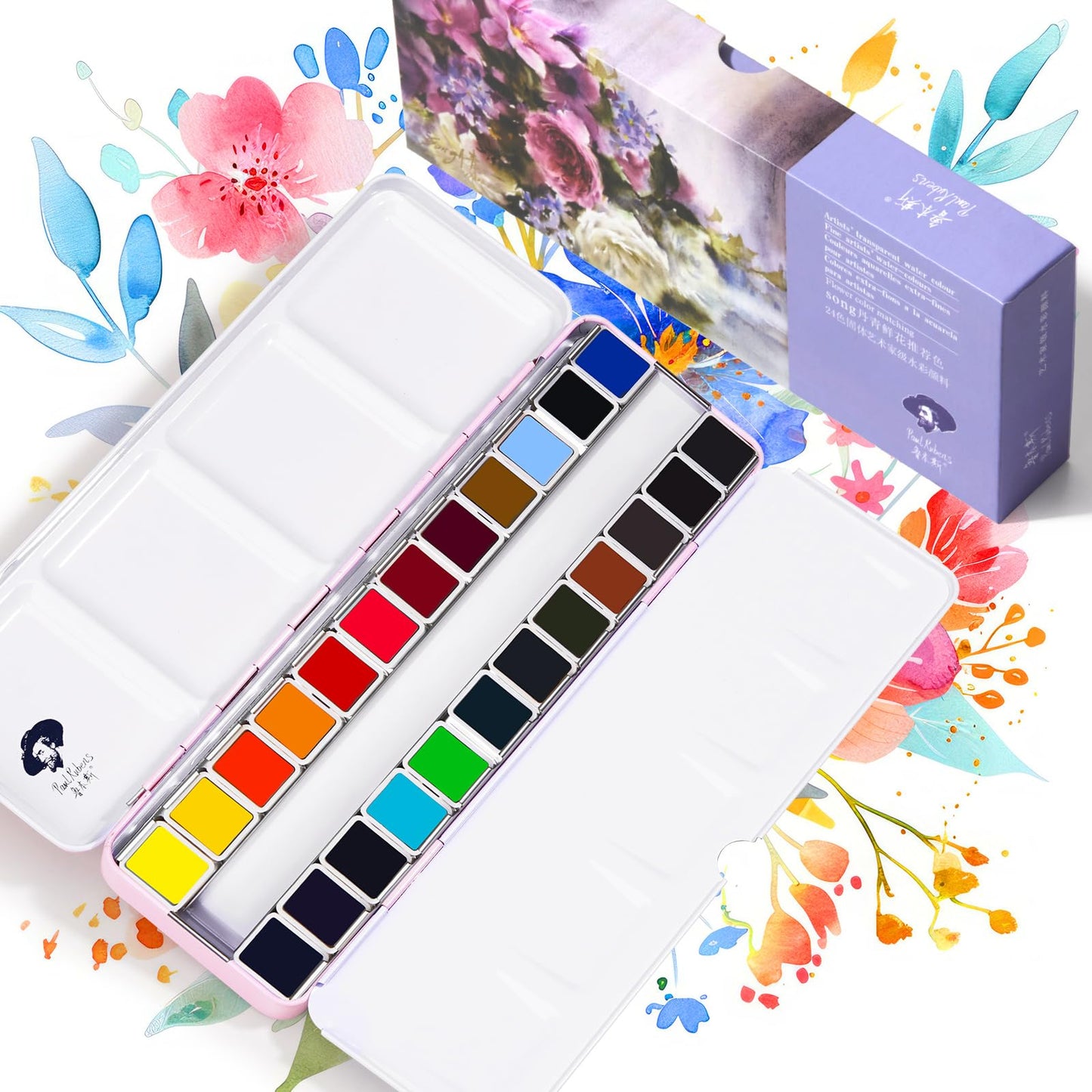 Paul Rubens Watercolour Paint Set, 24 Vibrant Floral Colors Artist Grade Watercolor Paint with Metal Box Case, Art Supplies for Beginners Students Artists