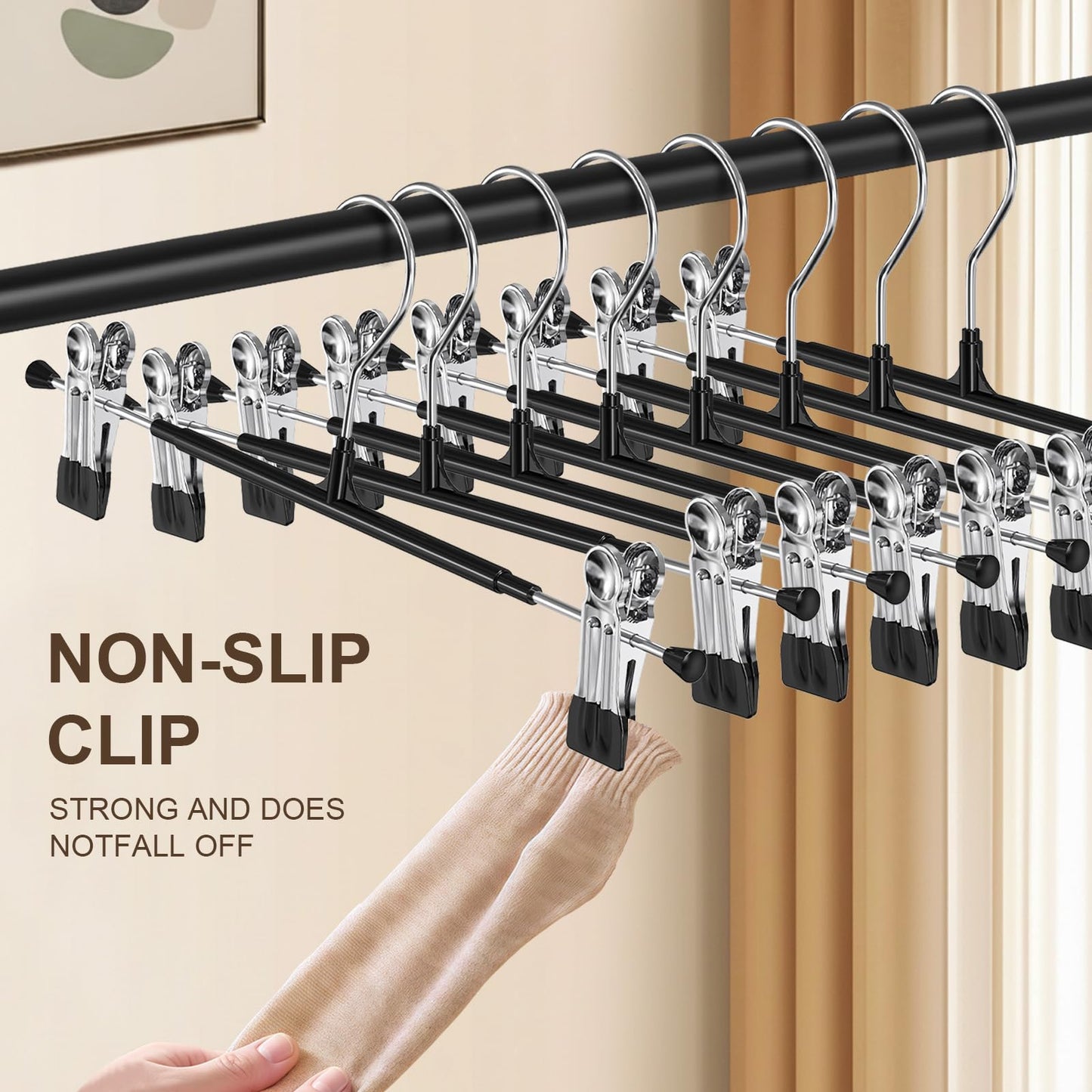 POZEAN Pants Hangers with Clips 30Pack, 12Inch Adjustable Skirt Hangers for Women, Space Saving Non-Slip Hangers for Shorts, Jeans, Coat, Kids' Clothes (Black, 30Pack)