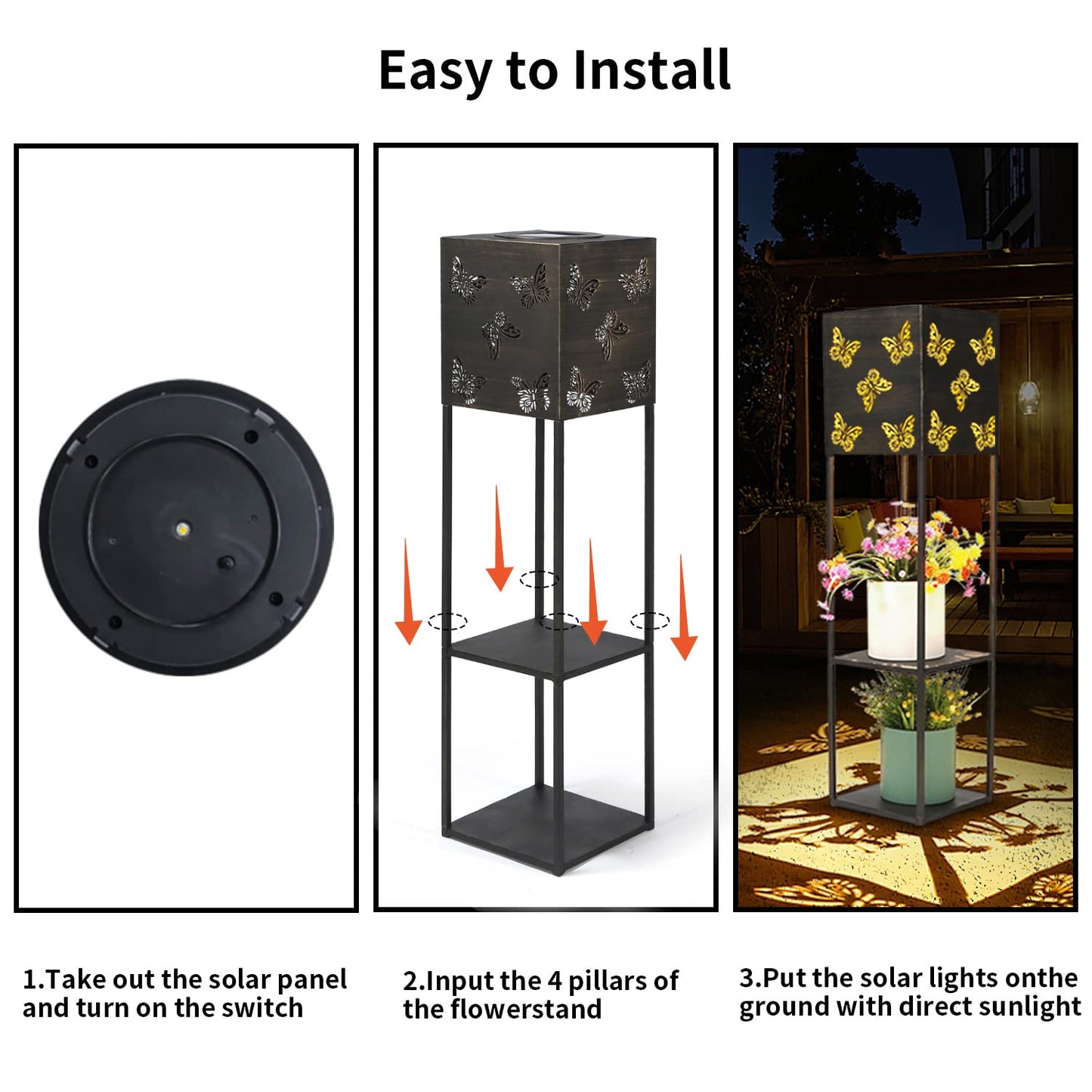 Butterfly Solar Lantern Outdoor Waterproof, 31inch Tall Large Garden Lanterns Solar Powered with 2-Tier Plant Stand, LED Pathway Lights for Outside Porch Patio Yard Balcony Christmas Decor Warm White