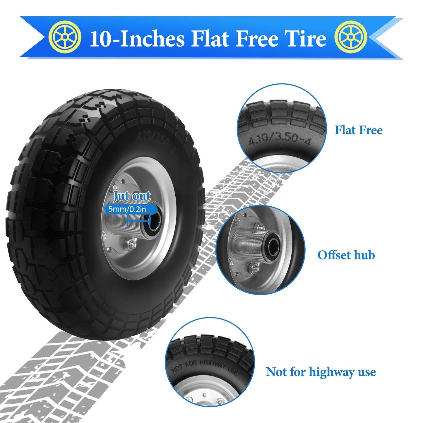 4.10/3.50-4 Solid Rubber Tire Wheels, 10 Inch Tire and Wheel Flat Free, for Garden Carts/Dolly/Trolley/Dump Cart/Hand Truck/Wheelbarrow/Garden Wagon(Black, 2 pcs)