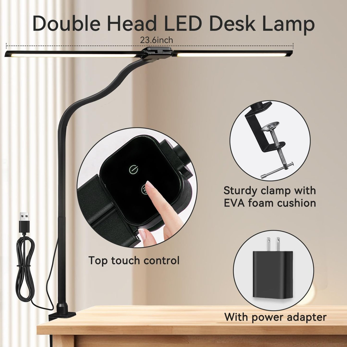 CNSUNWAY LED Desk lamp, Double Head Architect Desk Lamps for Home Office with Clamp, 3 Color 5 Brightness, Long Flexible Gooseneck, Eye Protection Desk Light with USB Adapter, Black