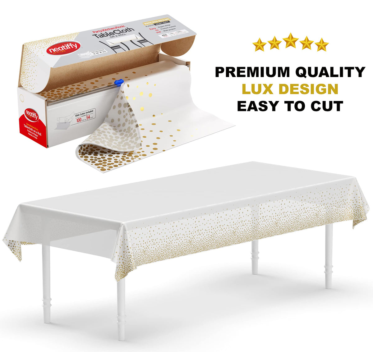 Neatiffy Disposable Plastic Table Cloth Roll | Waterproof Tablecloth | Table Cover for Rectangle, Square, Round Oval Tables | Picnic, Party, Banquet, Birthdays, Weddings (White with Golden dots)