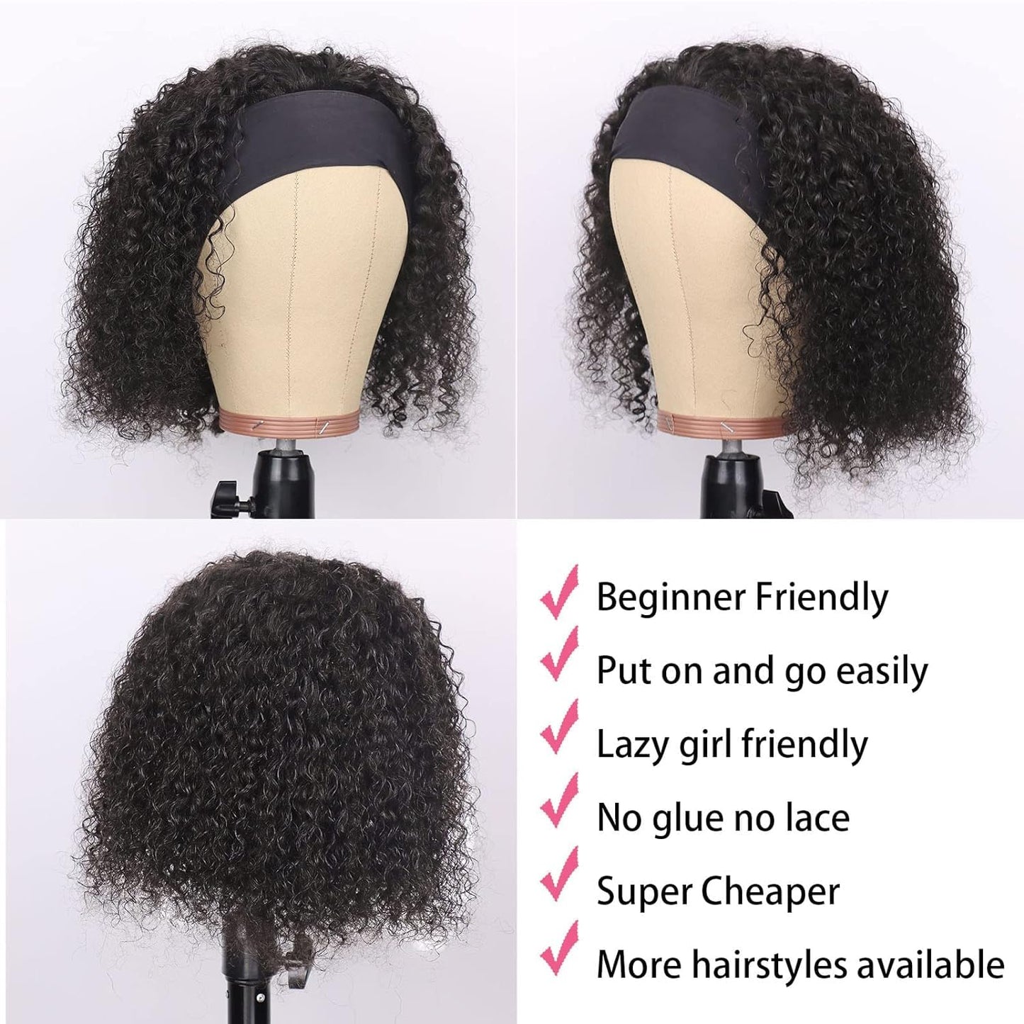 Headband Wig Human Hair Wigs for Black Women Glueless None Lace Curly Wave Wig Brazilian Virgin Hair Machine Made 150% Density Wigs Natural Color perruque femme humain (jerry curly, 16 inch)