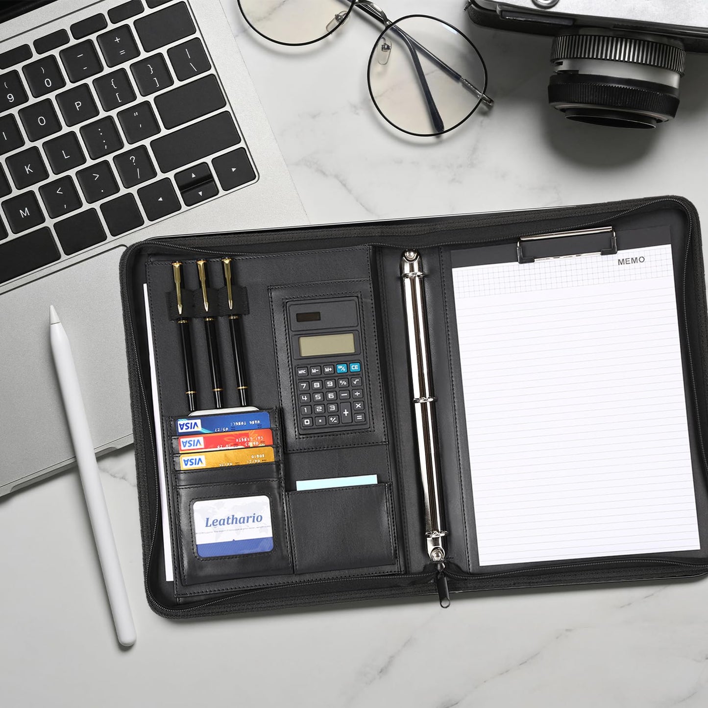 Leathario Portfolio, Vegan Leather 3-Ring Zipper Binder, Includes 10 Clear Sheet Protectors and a Pen, Multi-Pocket A4 Padfolio Folder for Tablets, Files and Business Documents, Office Supplies