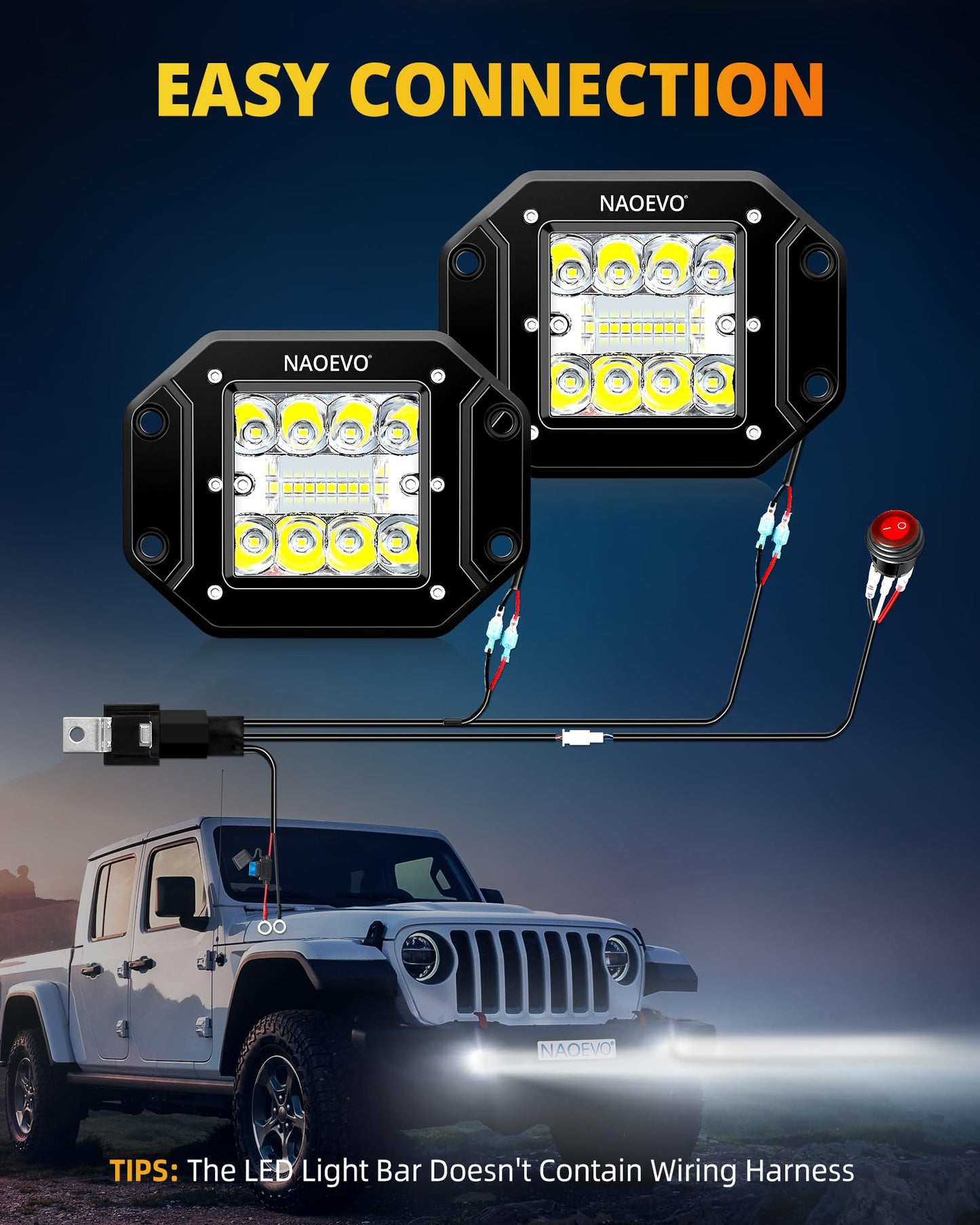 NAOEVO 5 Inch Flush Mount LED Pods Lights, 40W 4000LM Spot Flood Combo LED Light Bar/Offroad/Driving/Fog Lights, LED Reverse/Backup/Work Lights for Trucks Boat 4x4 UTV ATV, 2-Pack (White)