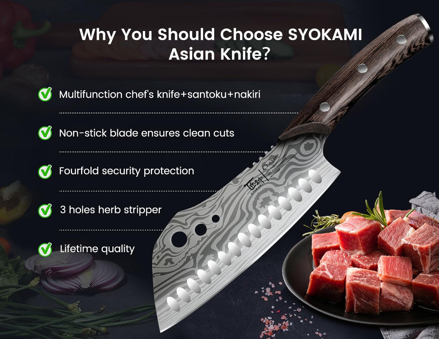 SYOKAMI 3-in-1 Kitchen Knife with Herb Stripper, 7" Asian Knife Combined with Chef Knife, Santoku, Nakiri, Ideal for All-Around Food Preparation—Slicing, Chopping, Dicing, Mincing, Thanksgiving Gifts